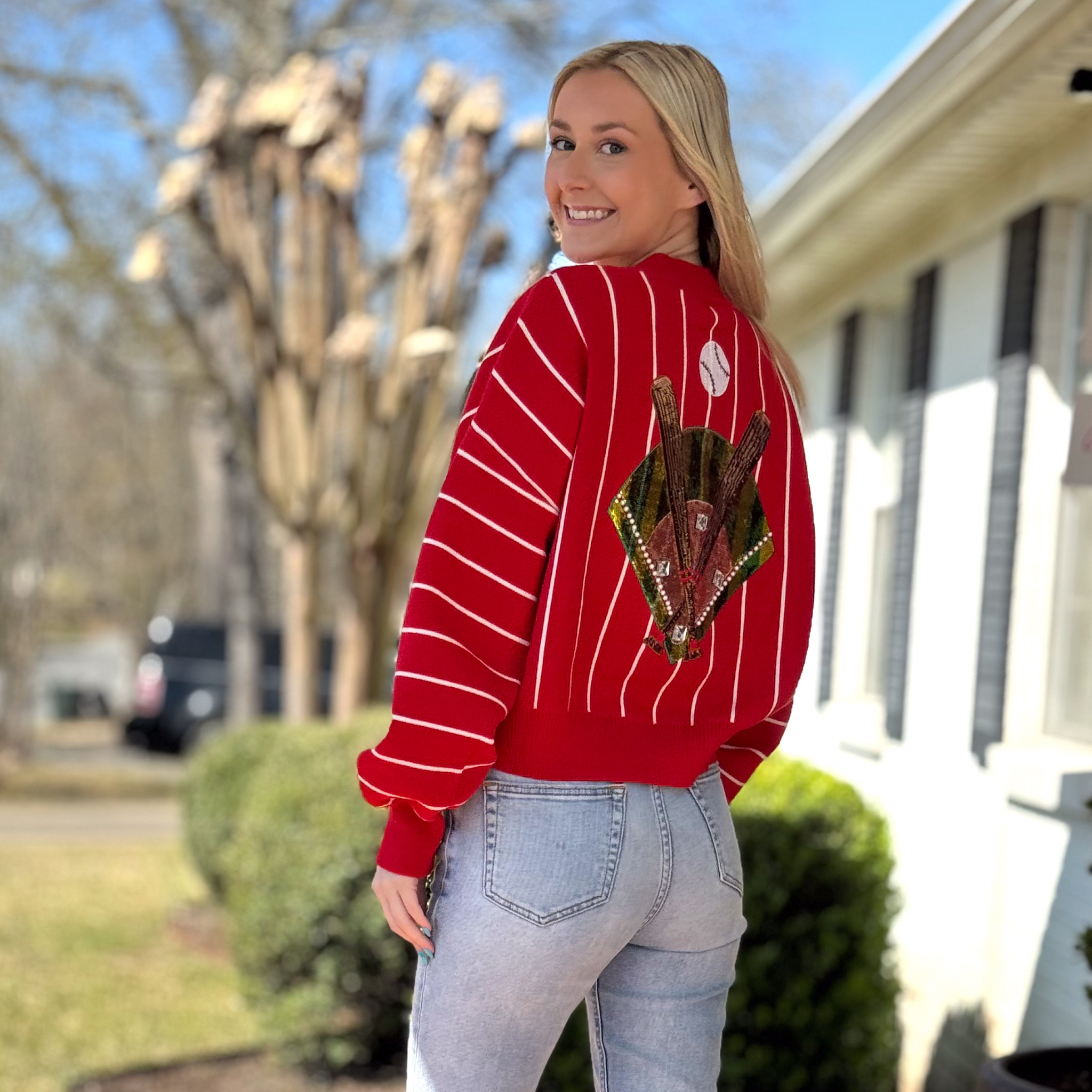 Red & White Stripe Long Sleeve 'Batter Up' Sweater - Fairley Fancy