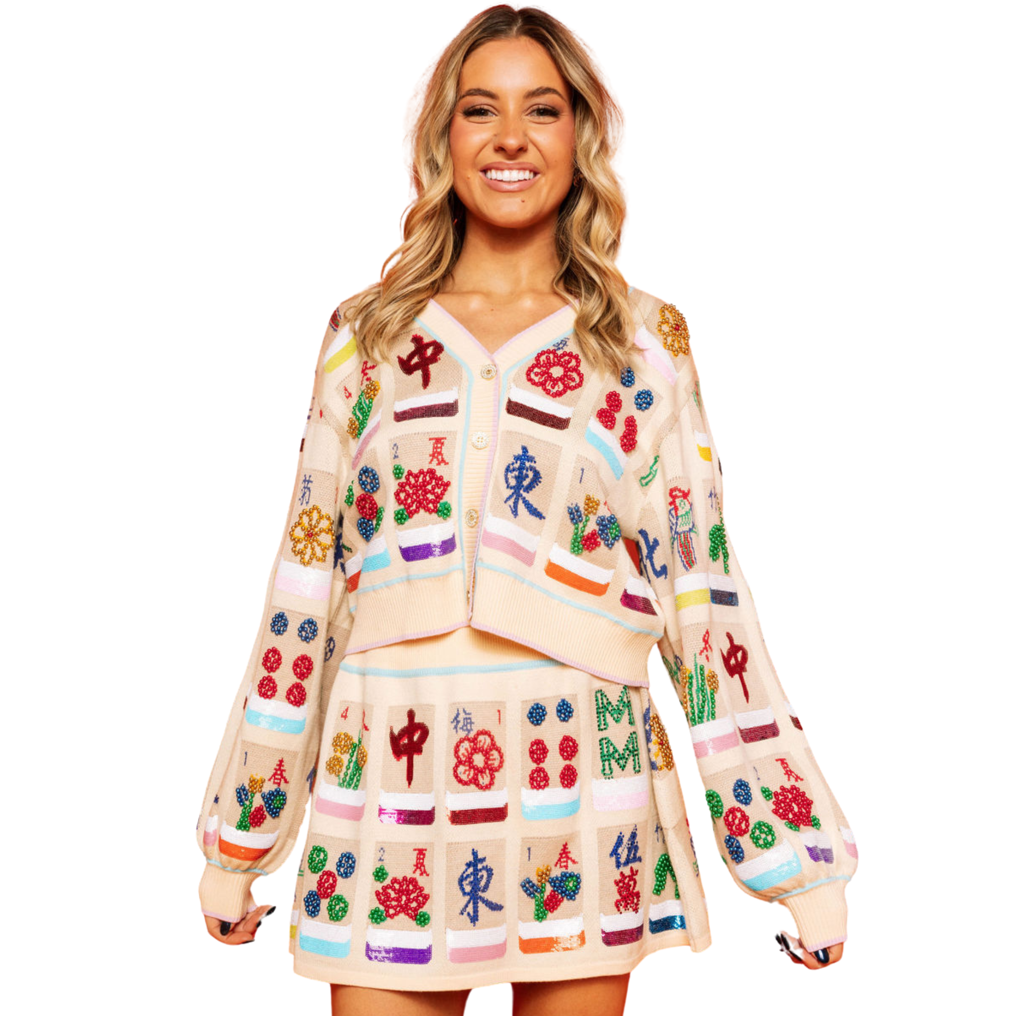 Beige Multi Mahjong Tile Button Up Cardigan - Fairley Fancy