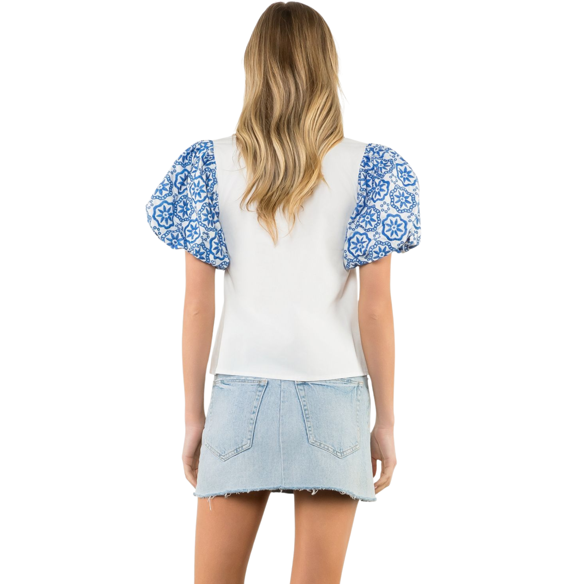 Embroidered Puff Sleeve V-Neck Top in White & Blue - Fairley Fancy