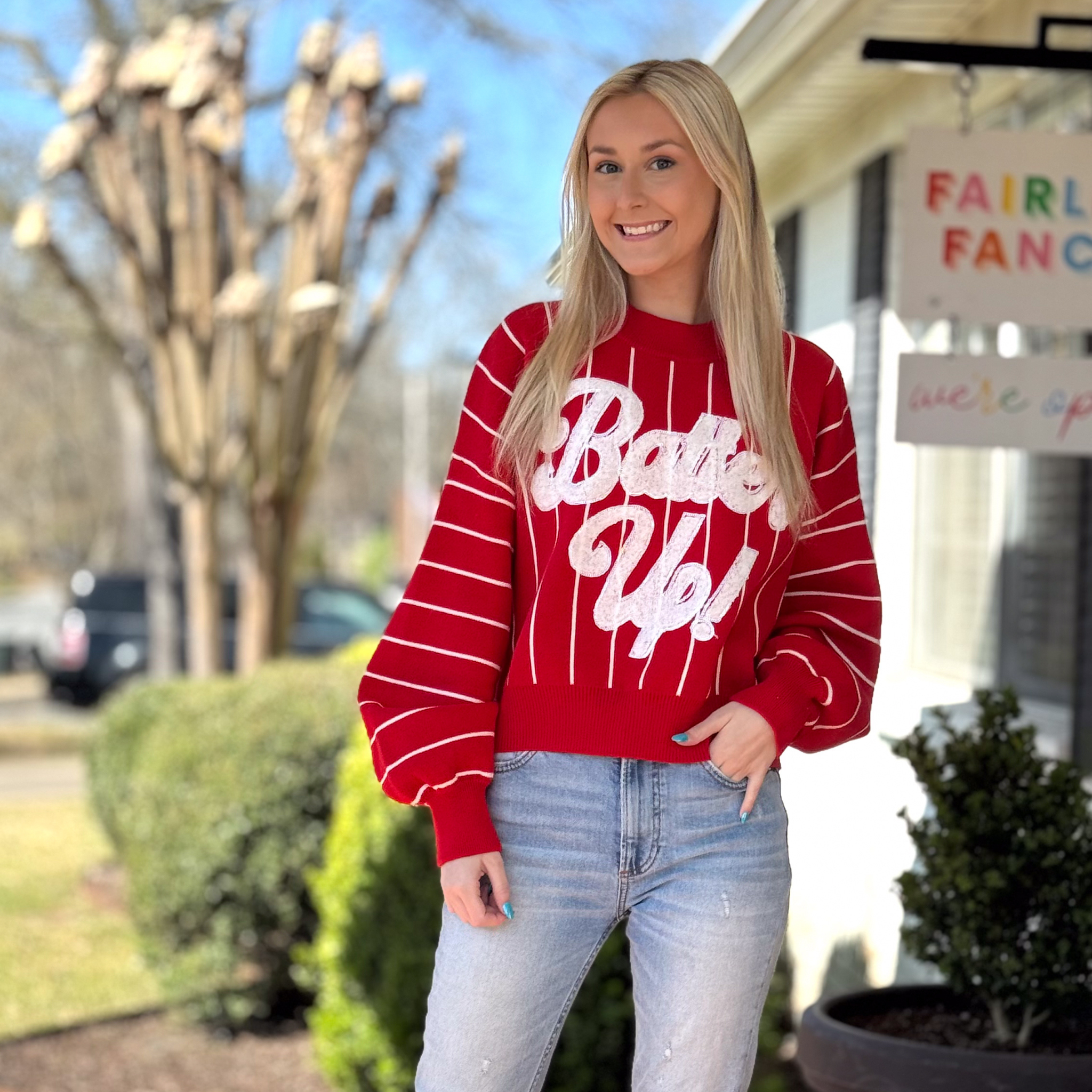 Red & White Stripe Long Sleeve 'Batter Up' Sweater - Fairley Fancy