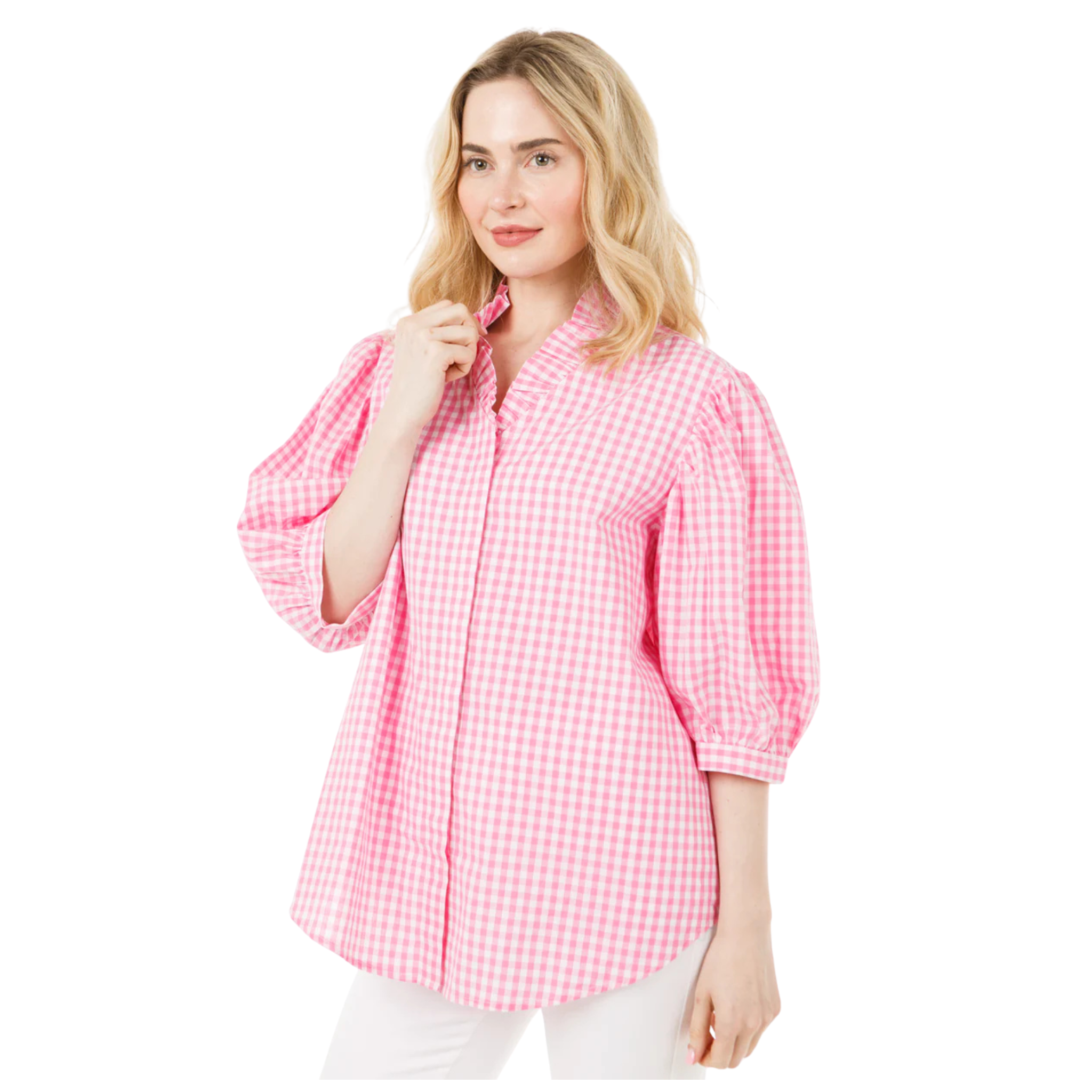Woman wearing a pink checkered shirt on a white background
