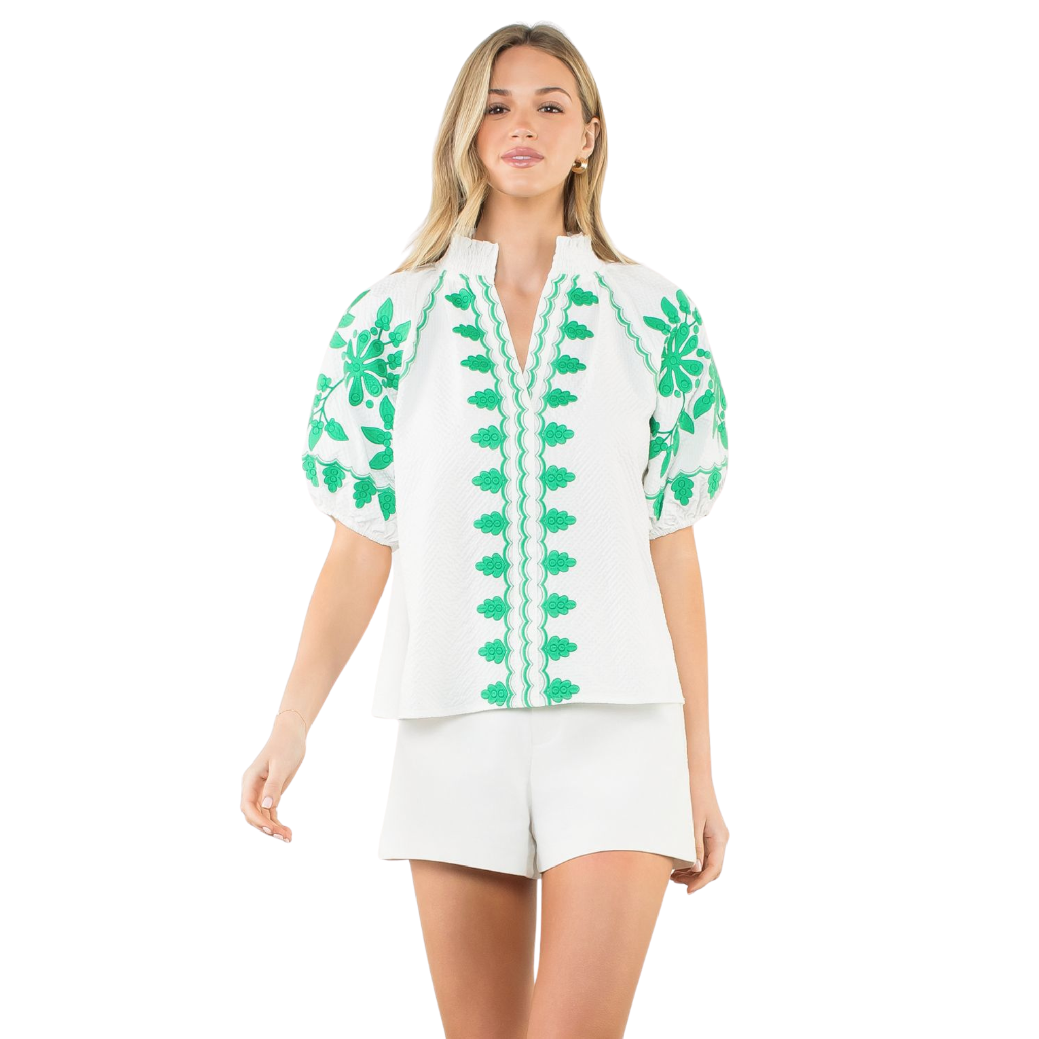 Embroidered Smocked Neck Puff Top in Green - Fairley Fancy