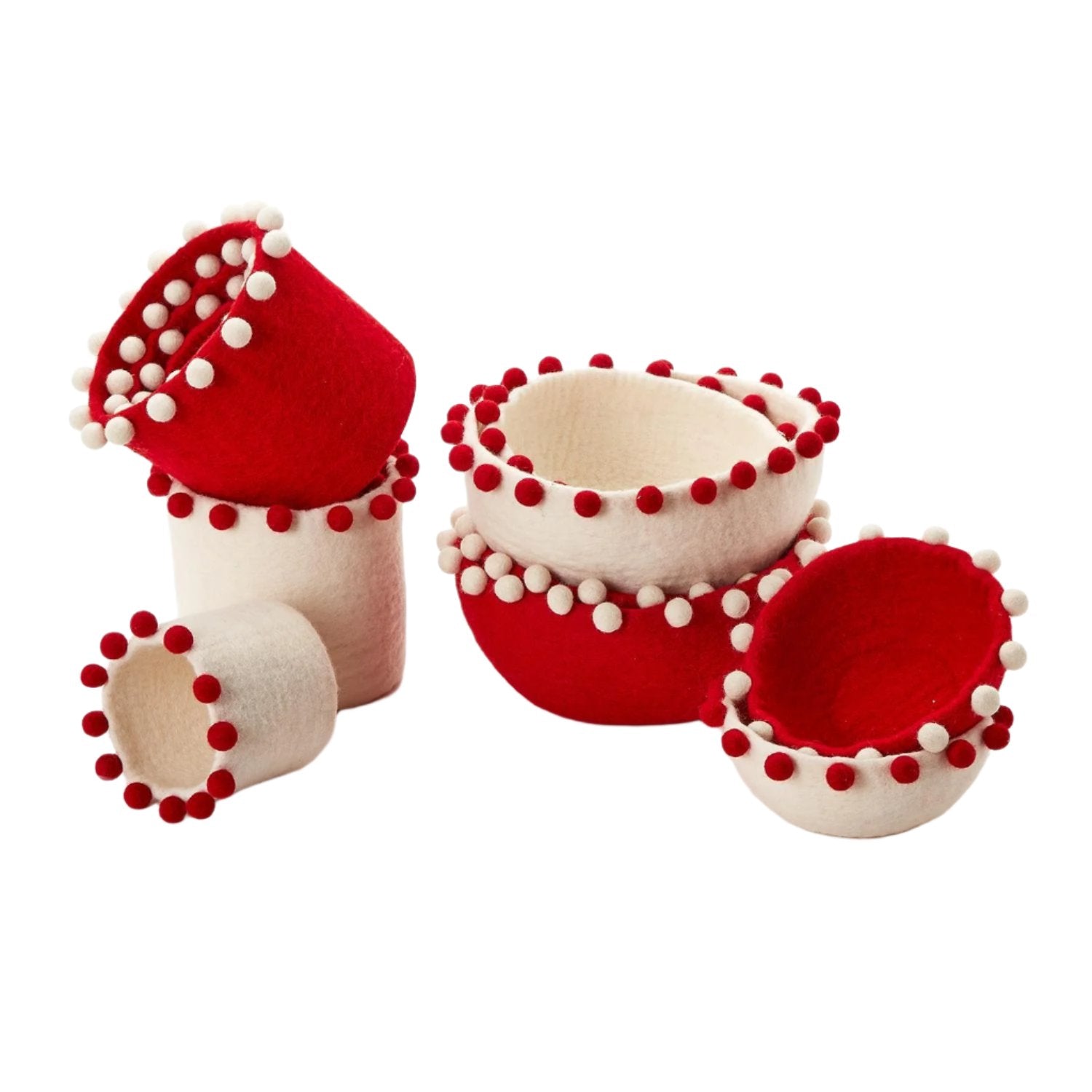 Red and White 12pc Hand-Crafted Felt Baskets/ Bowls with Pom-Poms - Fairley Fancy