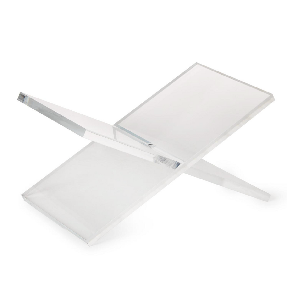 A modern acrylic geometric display stand made of clear frosted acrylic blocks, shown on a seamless white background.
