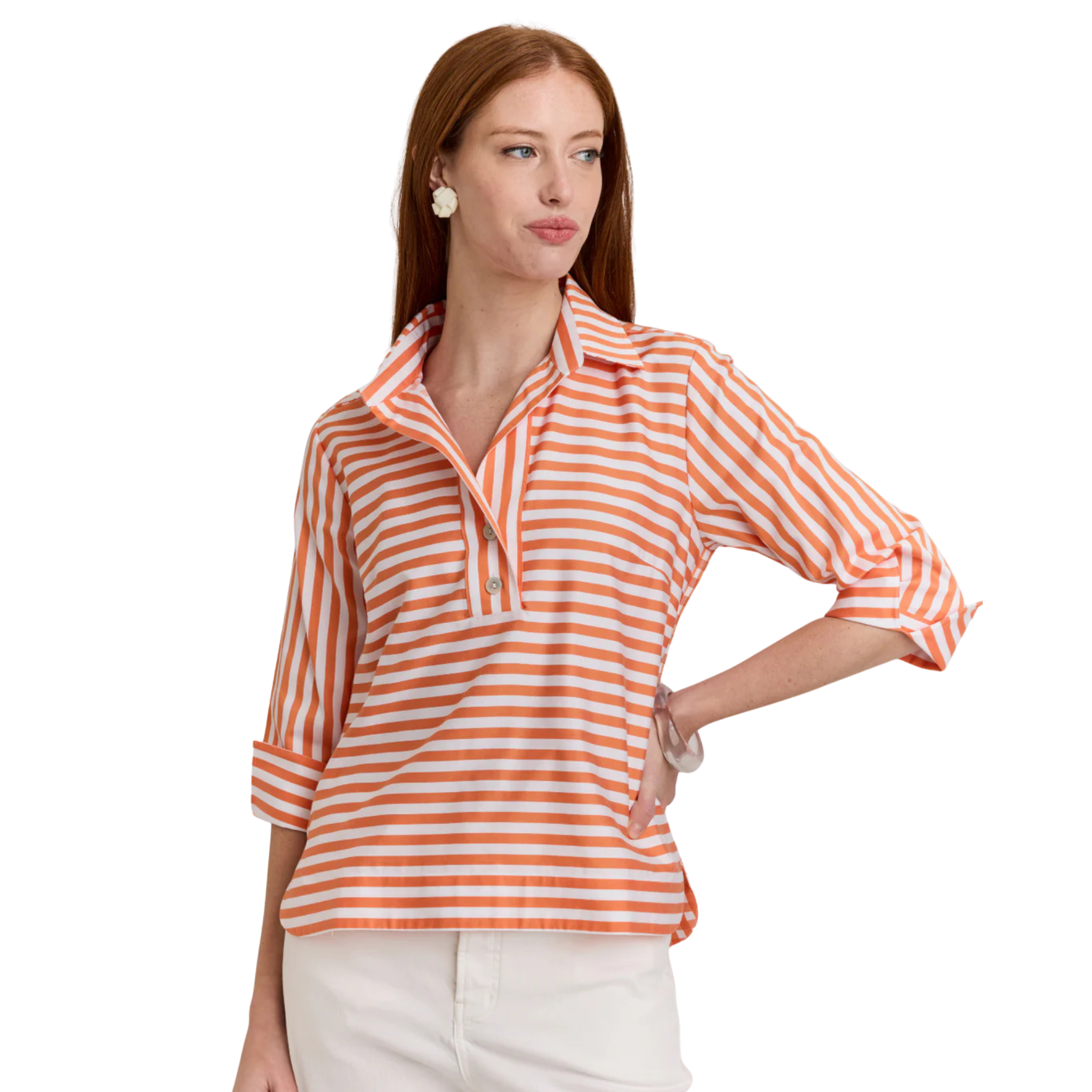 Aileen 3/4 Sleeve Stripe/Gingham White Combo Top in Tangerine/White-Fairley Fancy