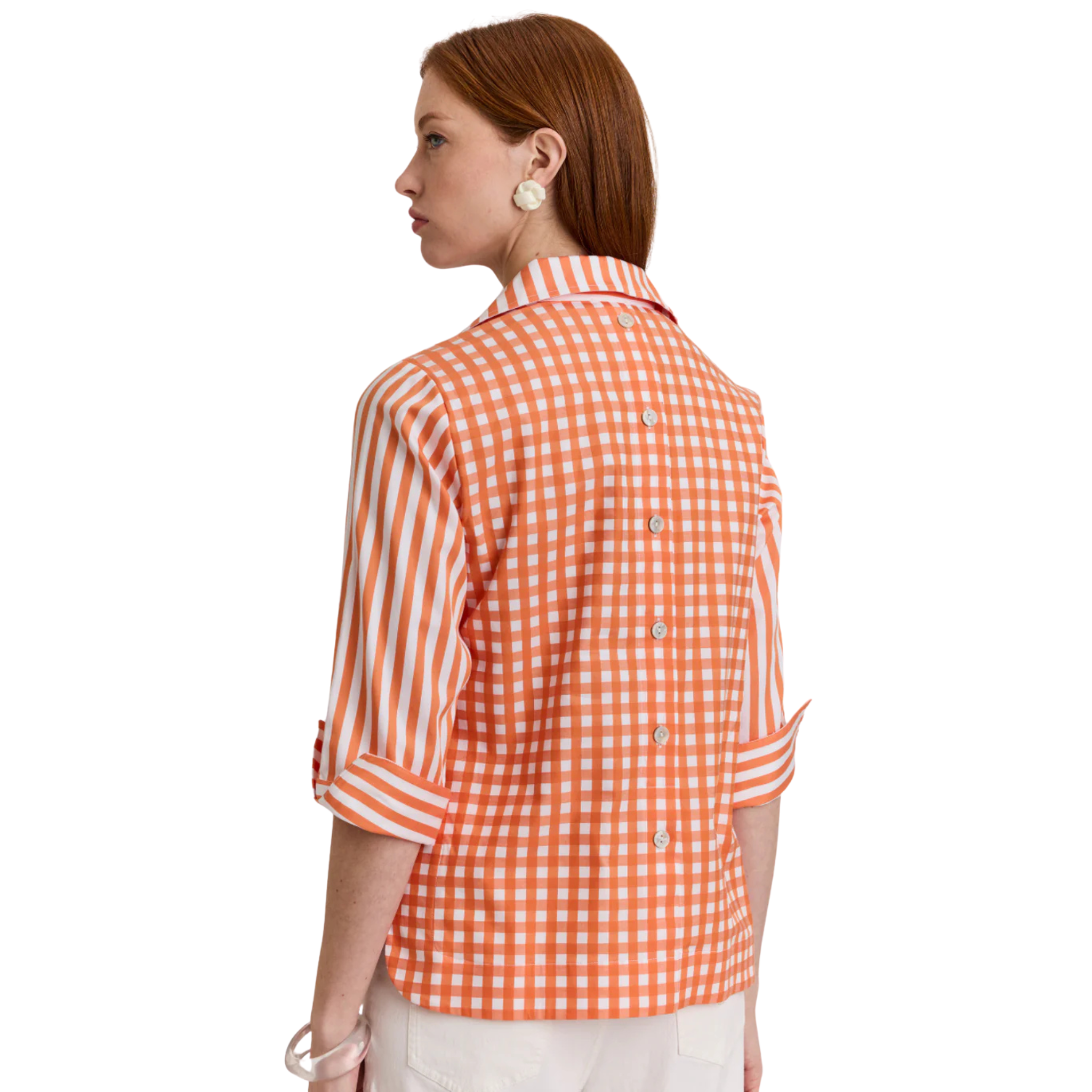 Aileen 3/4 Sleeve Stripe/Gingham White Combo Top in Tangerine/White-Fairley Fancy