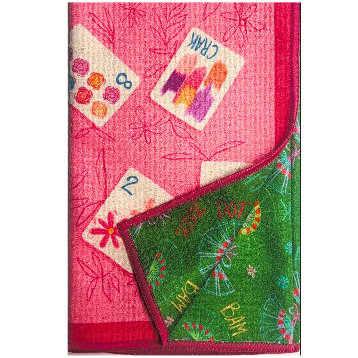 Two colorful fabric samples, one pink with card designs and the other green with floral patterns, on a white background.