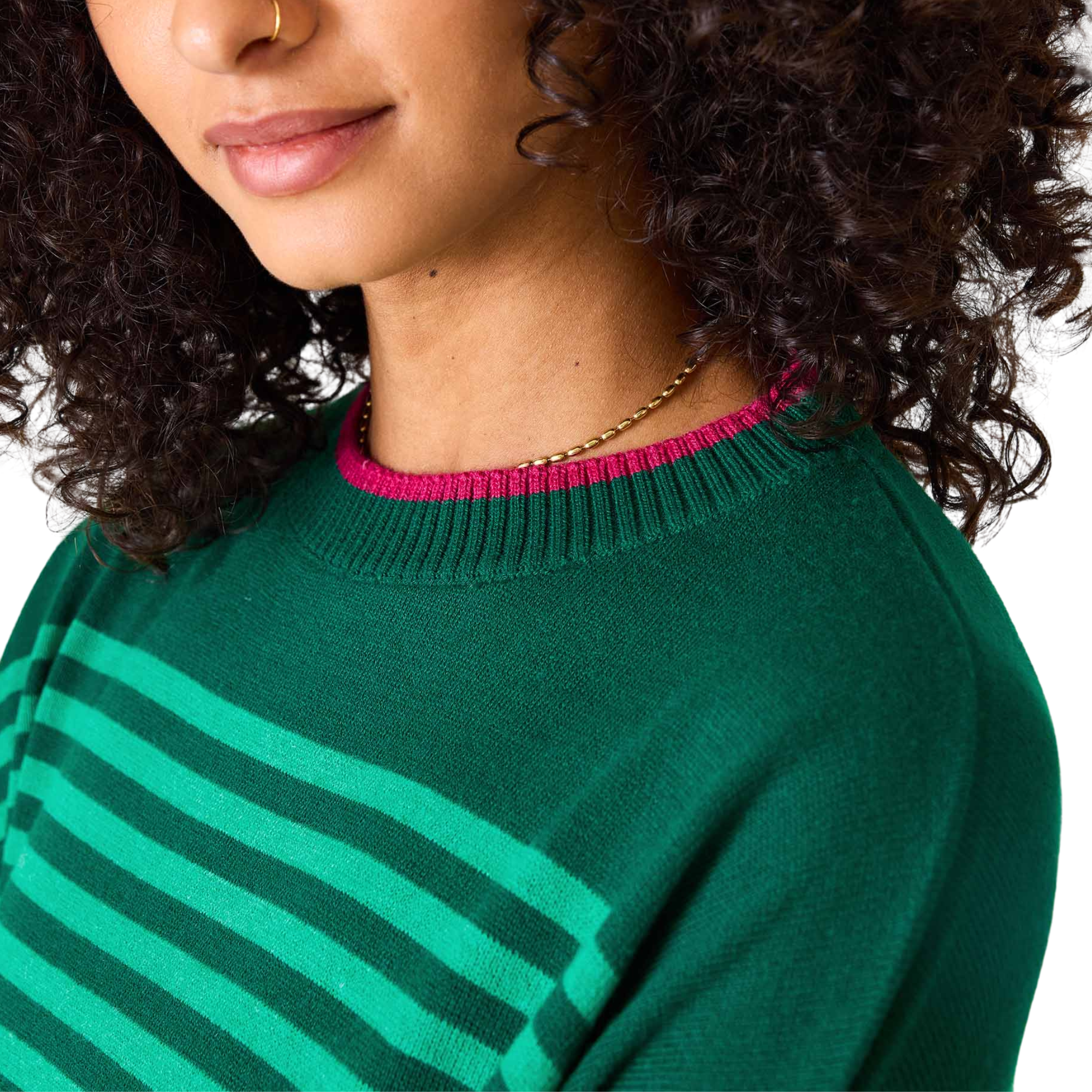 Catalina Modern Crewneck Sweater in Green Stripe-Fairley Fancy