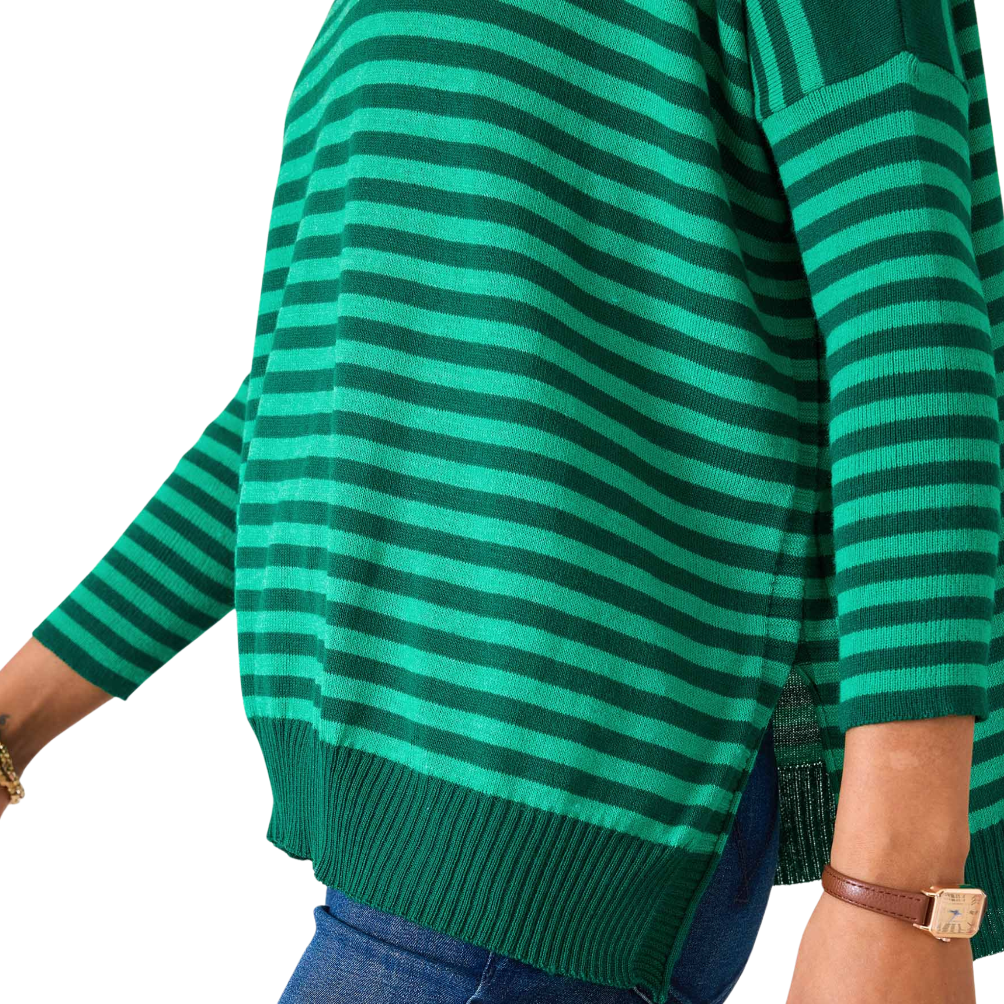 Catalina Modern Crewneck Sweater in Green Stripe-Fairley Fancy