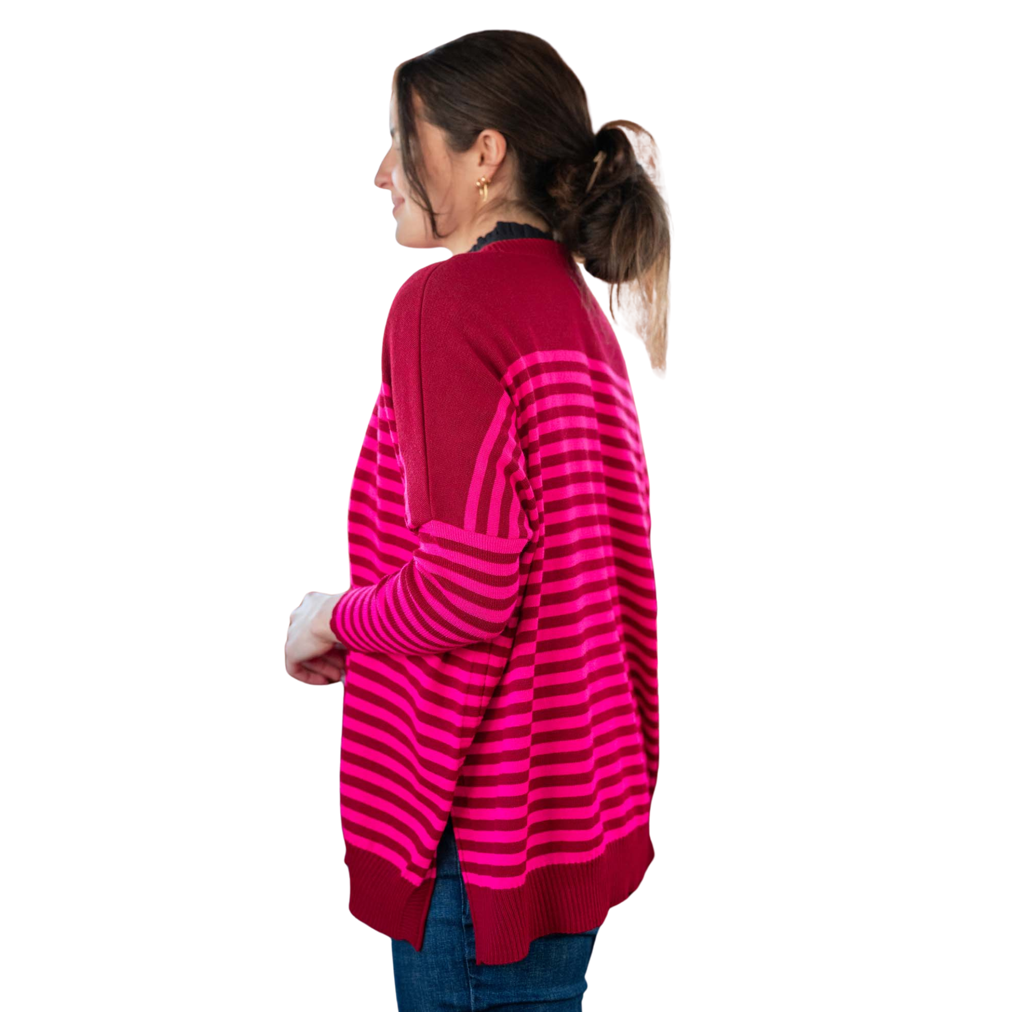 Catalina Modern Crewneck Sweater in Magenta Stripe-Fairley Fancy