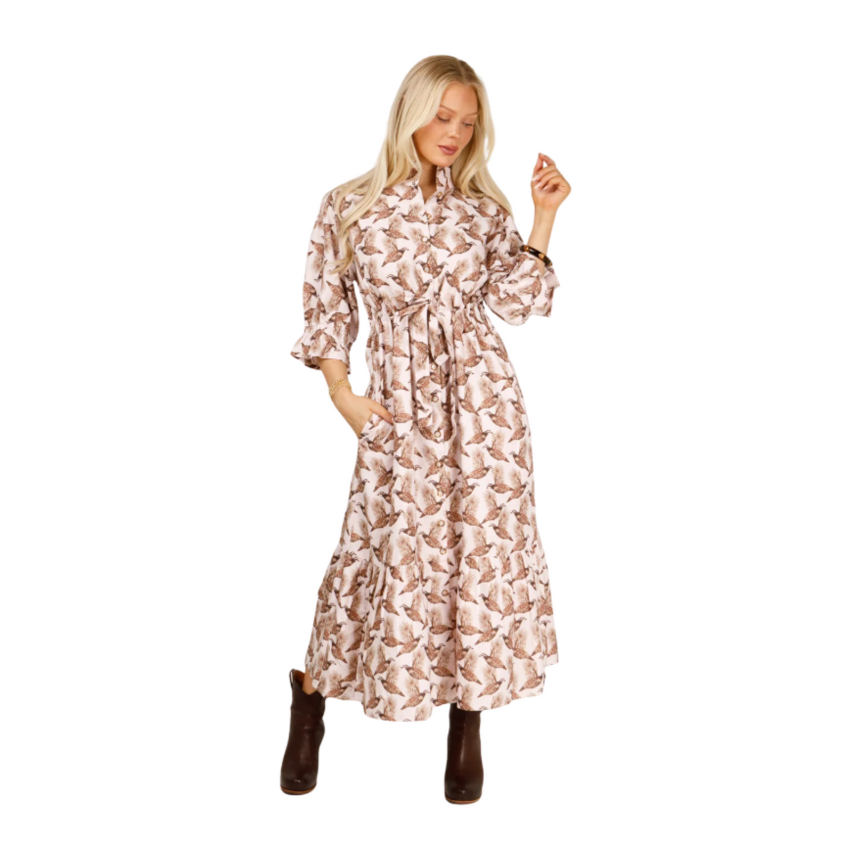 The Catherine Dress in Holly Shae Luxe Oxford™️ Field & Quail© Brown on Pink Stripe