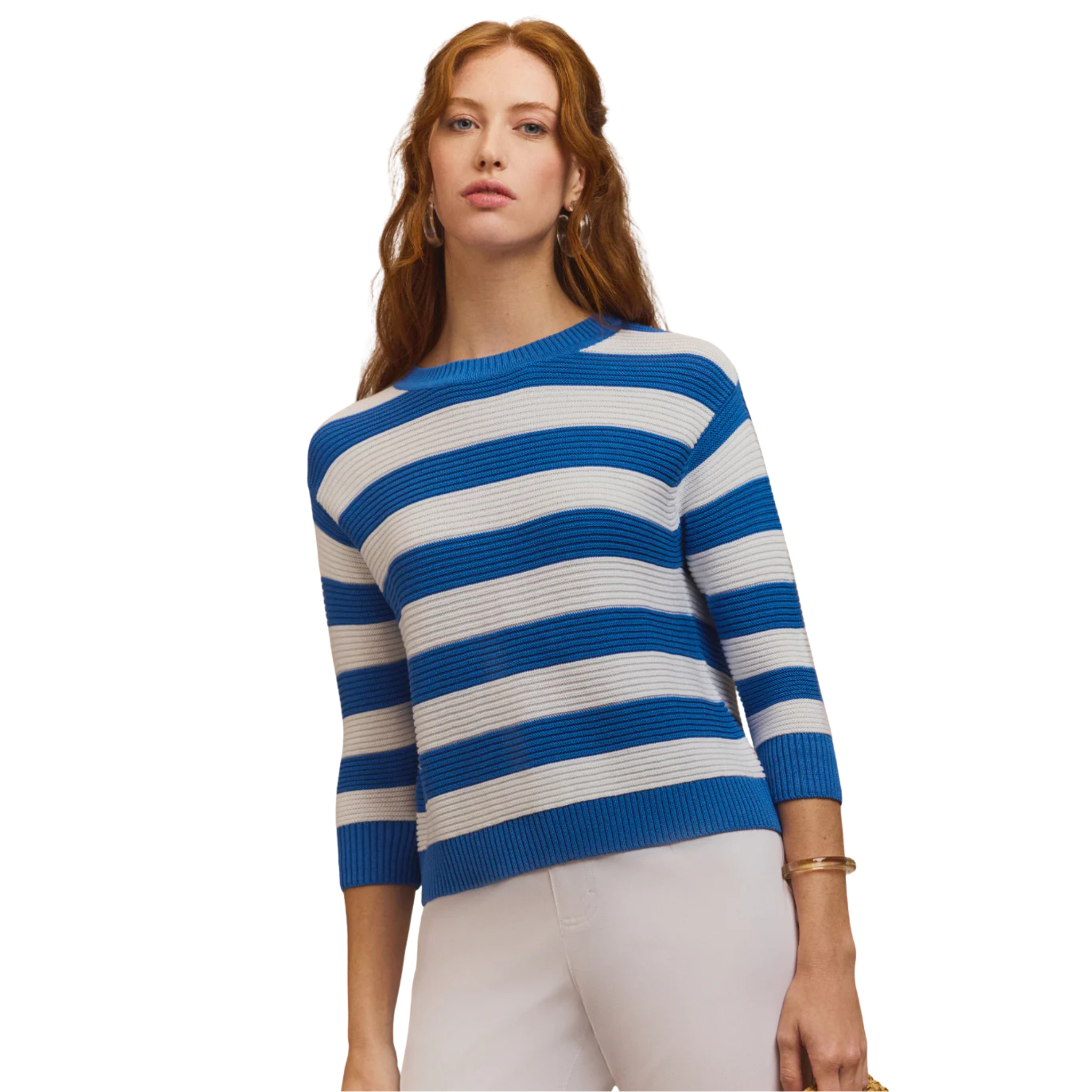 Ciara 3/4 Sleeve Stripe Sweater in Lake Blue and Pearl White-Fairley Fancy