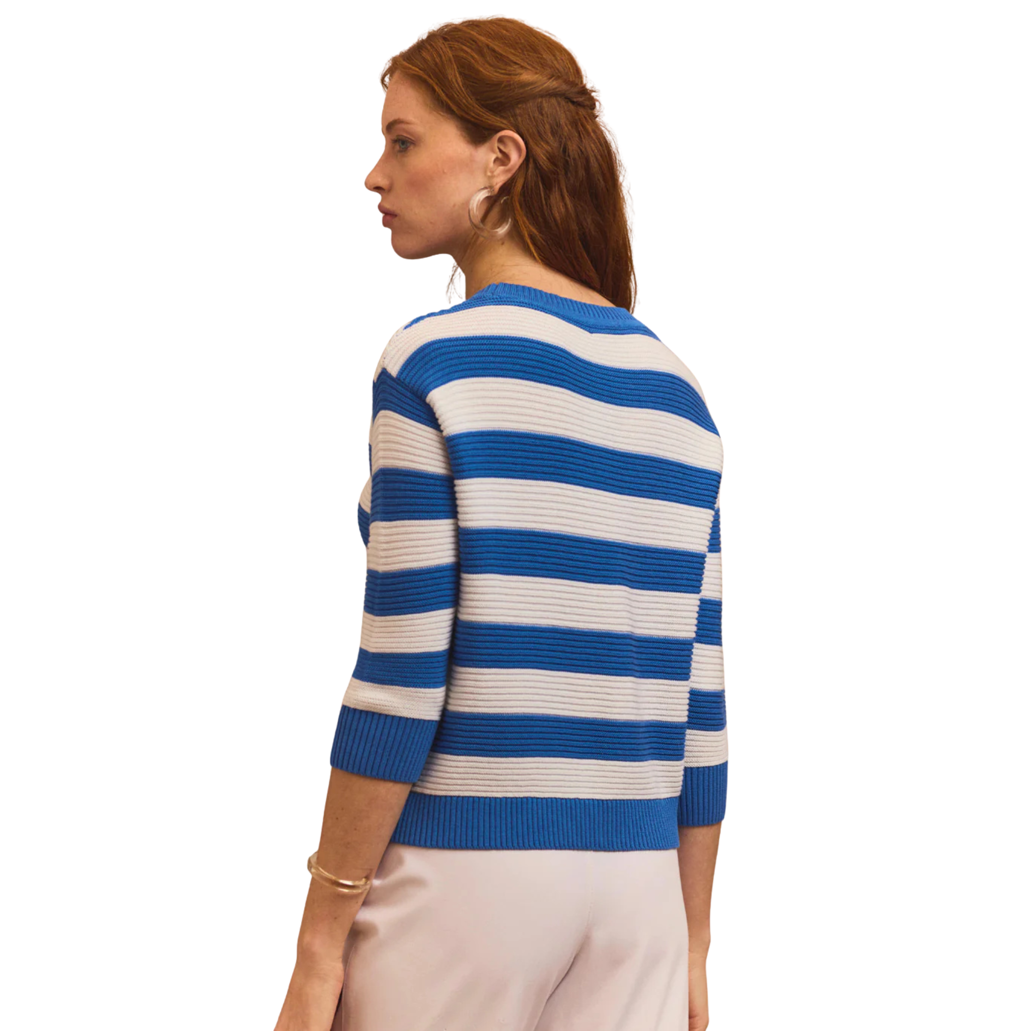 Ciara 3/4 Sleeve Stripe Sweater in Lake Blue and Pearl White-Fairley Fancy