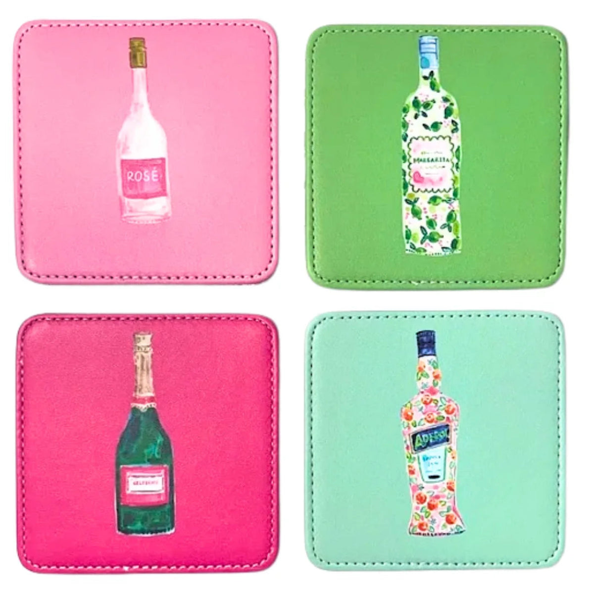 Four coasters with bottle illustrations on a white background