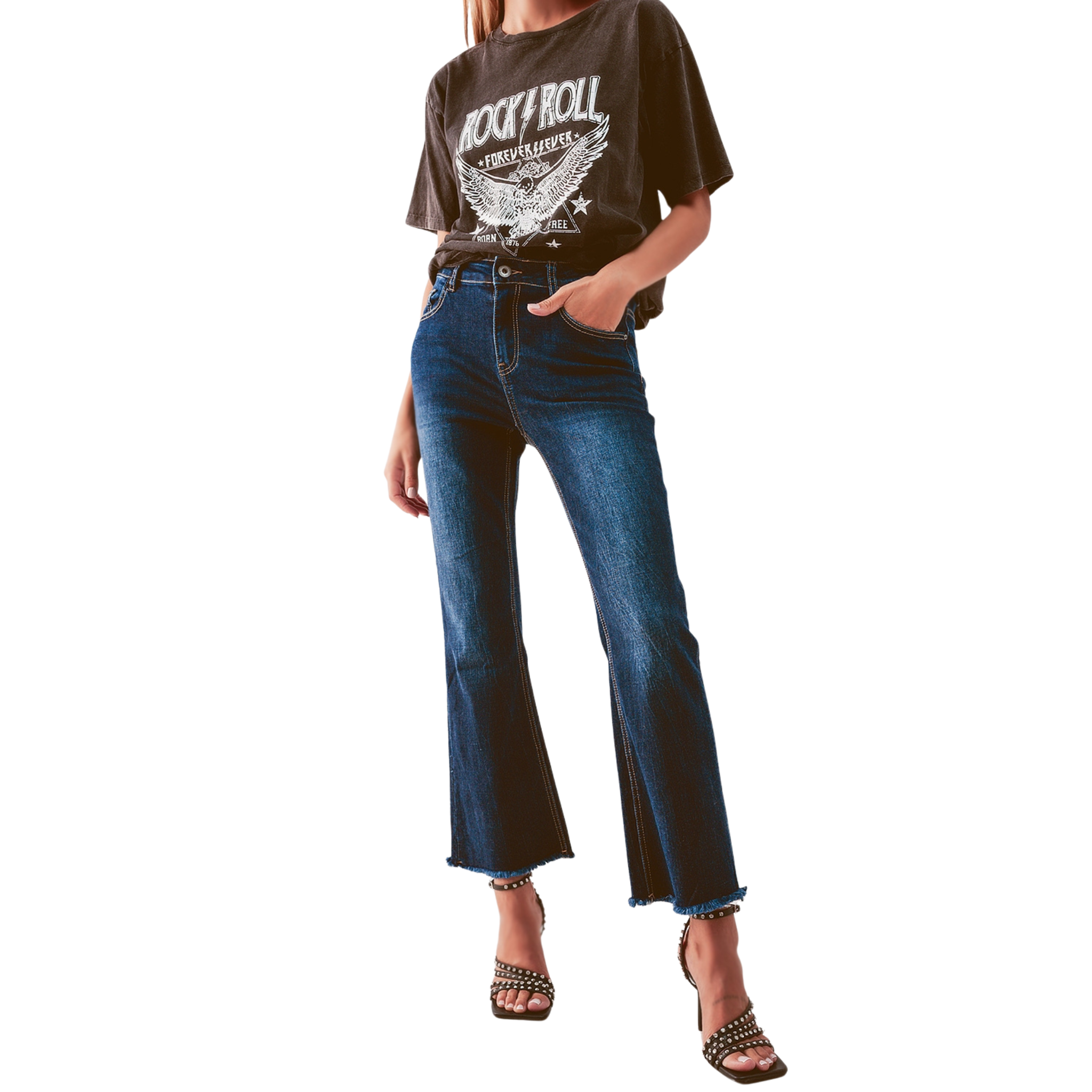 Cropped Kickflare Jeans in Mid Washing-Fairley Fancy