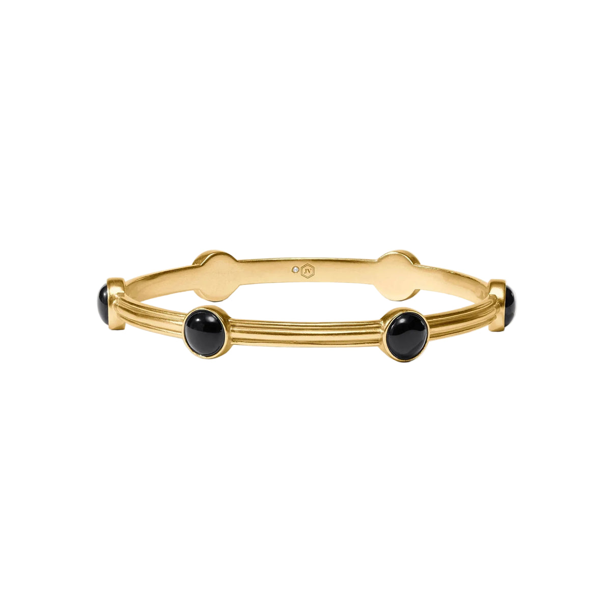 Gold bracelet with black stones on a white background