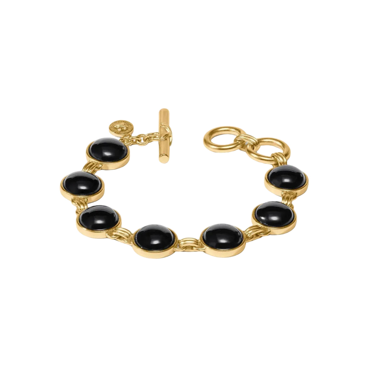 Gold bracelet with black stones on a white background