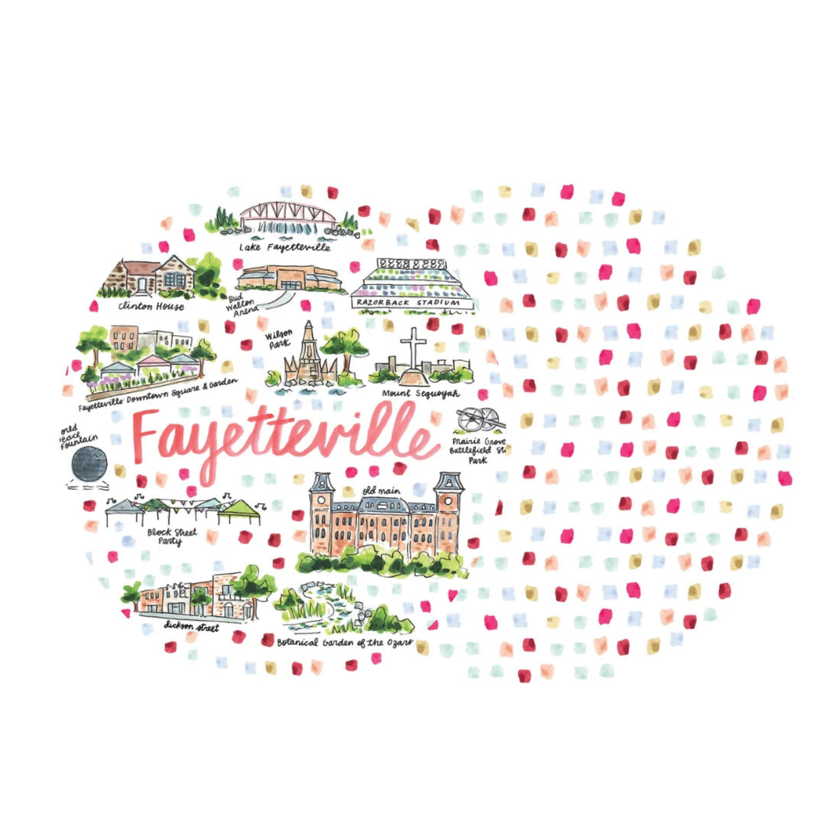 Illustrated map of Fayetteville with various landmarks and colorful square pattern.
