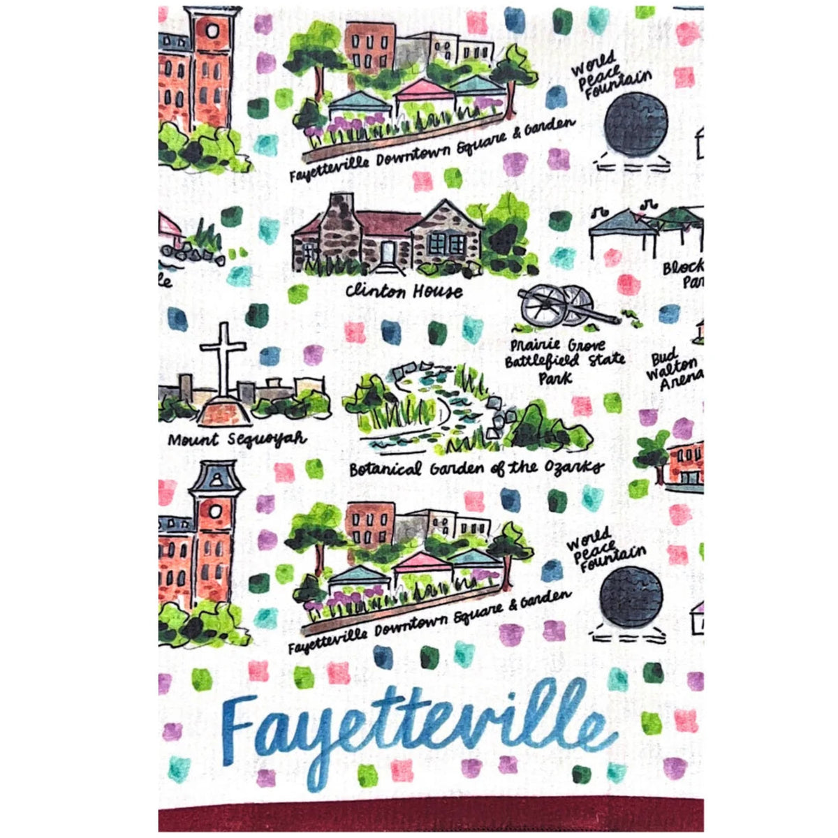 A square white fabric item, likely a tea towel or bandana, printed with a colorful hand-drawn map of Fayetteville, Arkansas. The illustration features various landmarks such as Clinton House, and the Botanical Garden, with 'Fayetteville' written in blue script at the bottom.