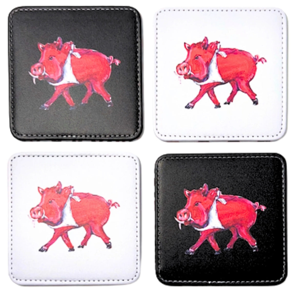 Set of four coasters with a red boar design on black and white backgrounds.