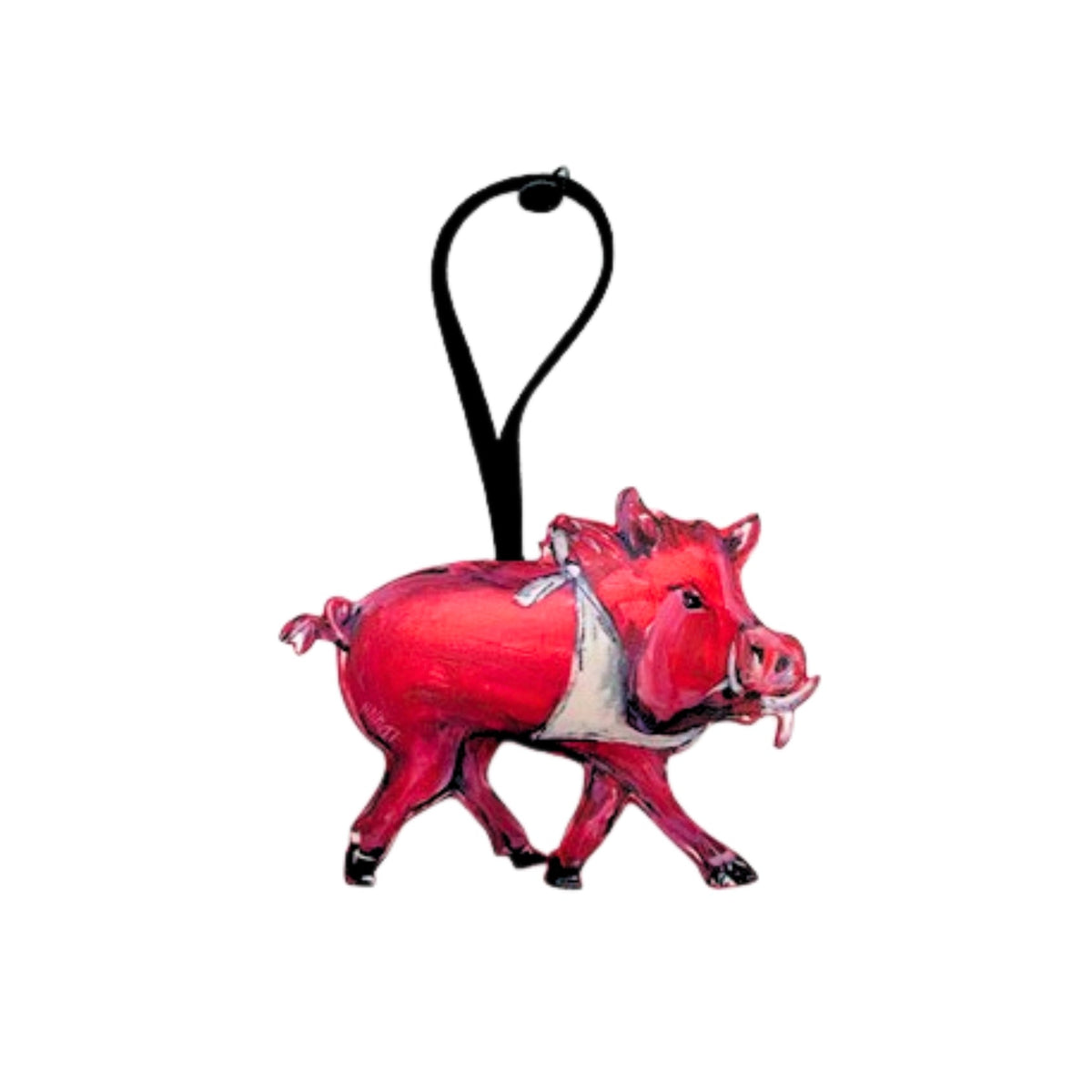 Red pig-shaped keychain with a black strap on a white background