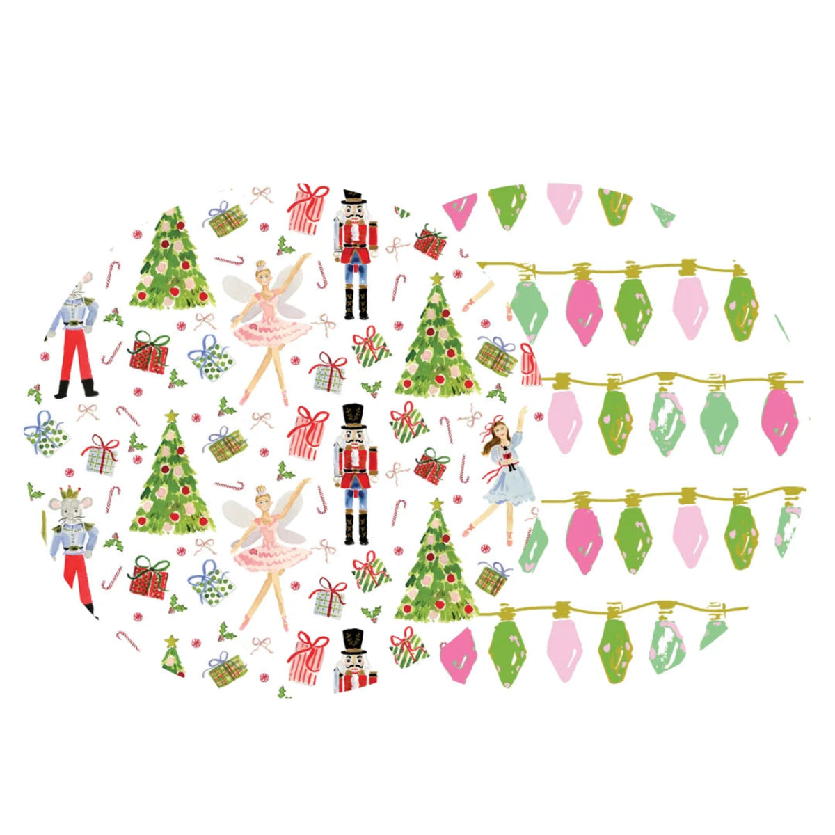 A festive holiday-themed pattern featuring Christmas trees, wrapped gifts, candy canes, nutcrackers, ballerinas, and hanging pink and green string lights arranged in a long oval composition on a white background.