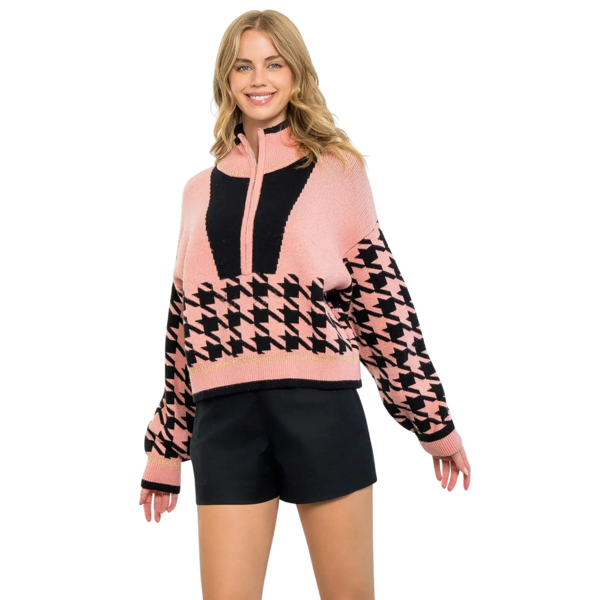 Houndstooth Quarter Zip Sweater-Fairley Fancy