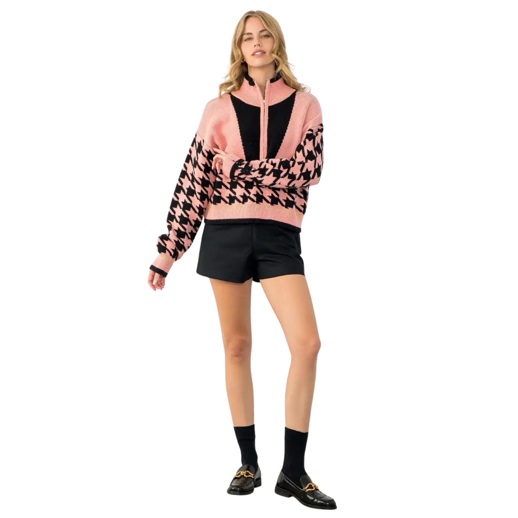 Houndstooth Quarter Zip Sweater-Fairley Fancy