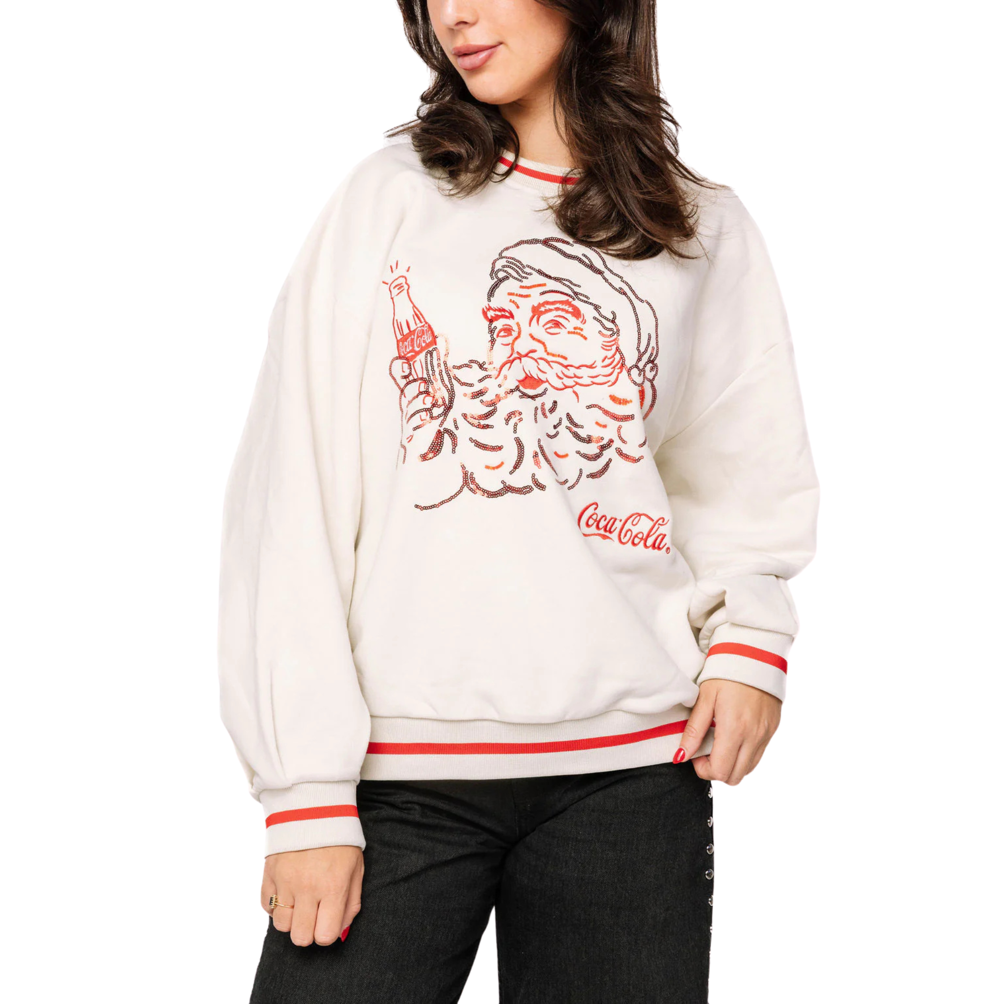 Licensed Beige & Red Santa Drinking Coca Cola Sweatshirt-Fairley Fancy