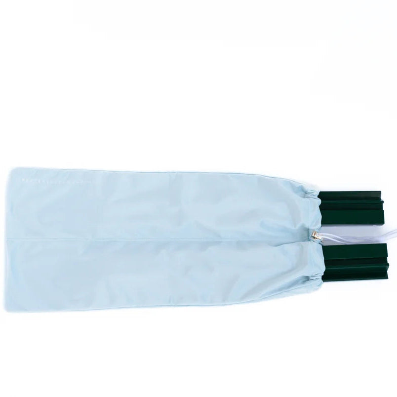 Light blue drawstring bag with black drawstrings on a white background