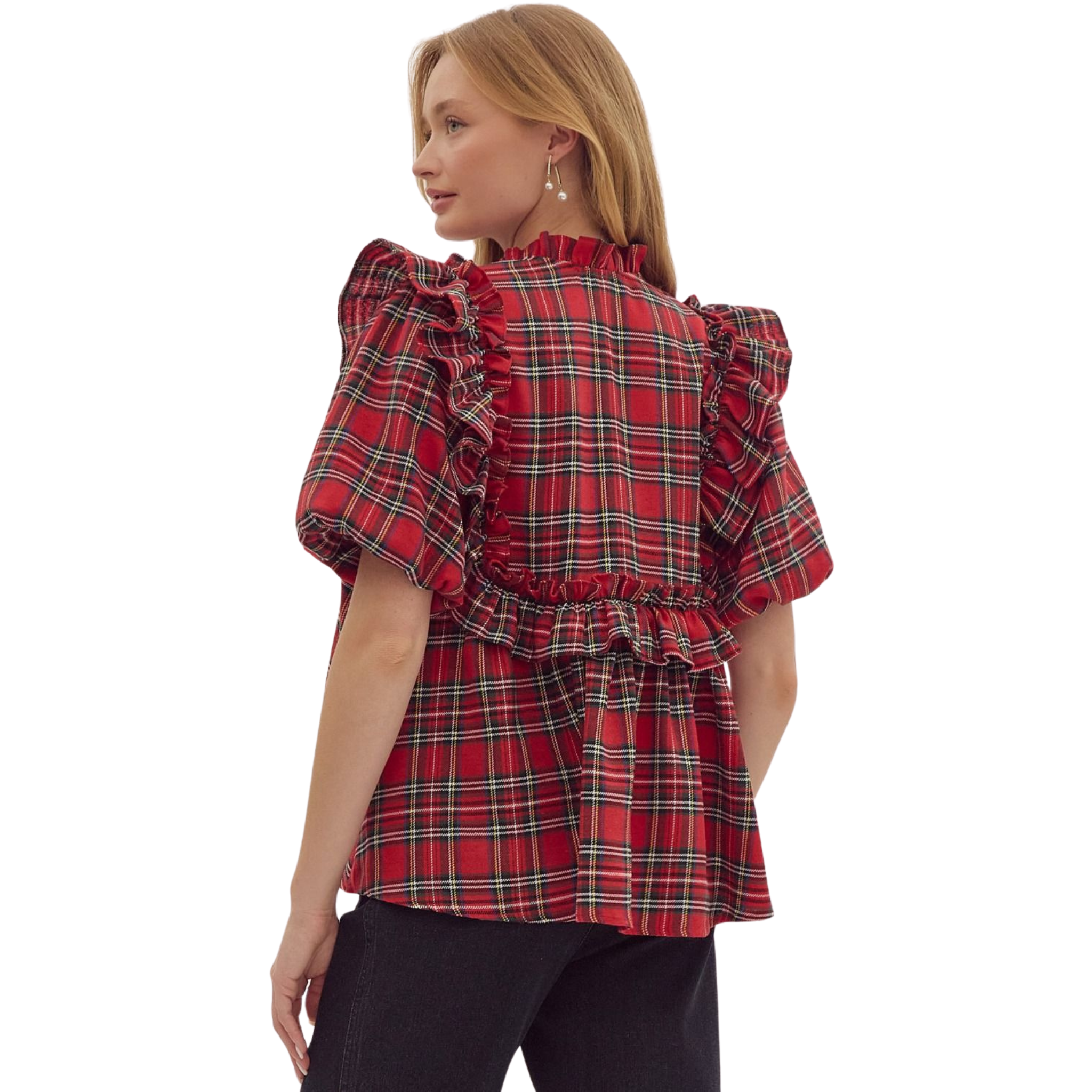 Plaid Print V Neck Bubble Sleeve Top Fairley fancy