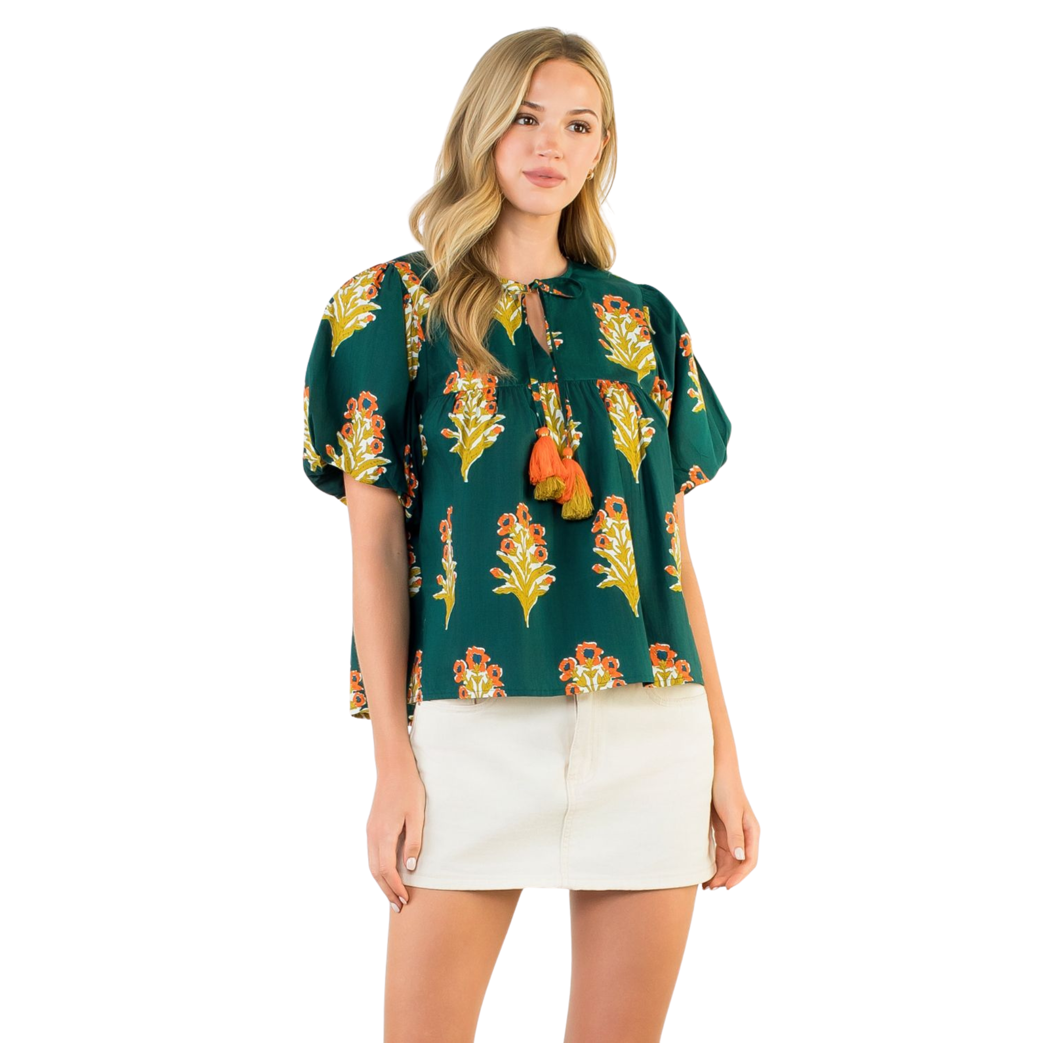Puff Sleeve Floral Block Print Tie Tassel Top-Fairley Fancy