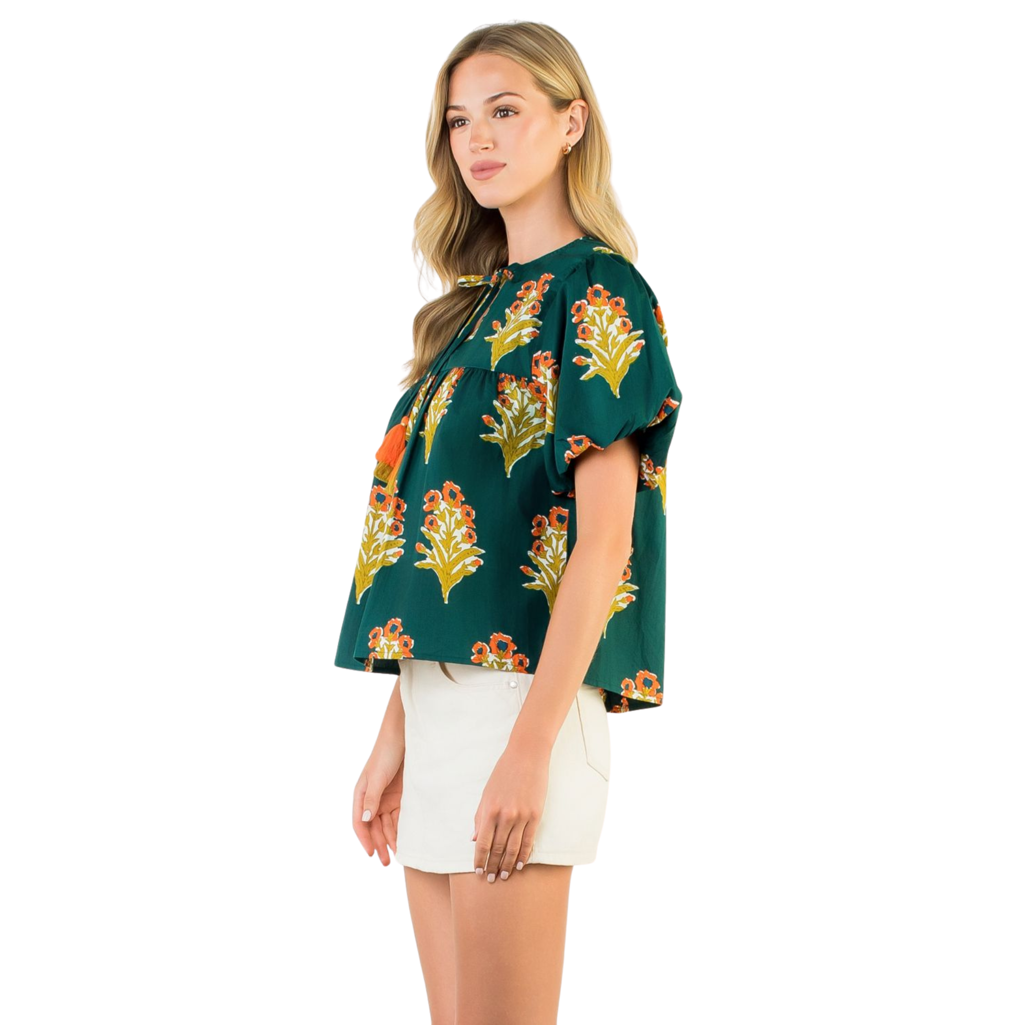 Puff Sleeve Floral Block Print Tie Tassel Top-Fairley Fancy