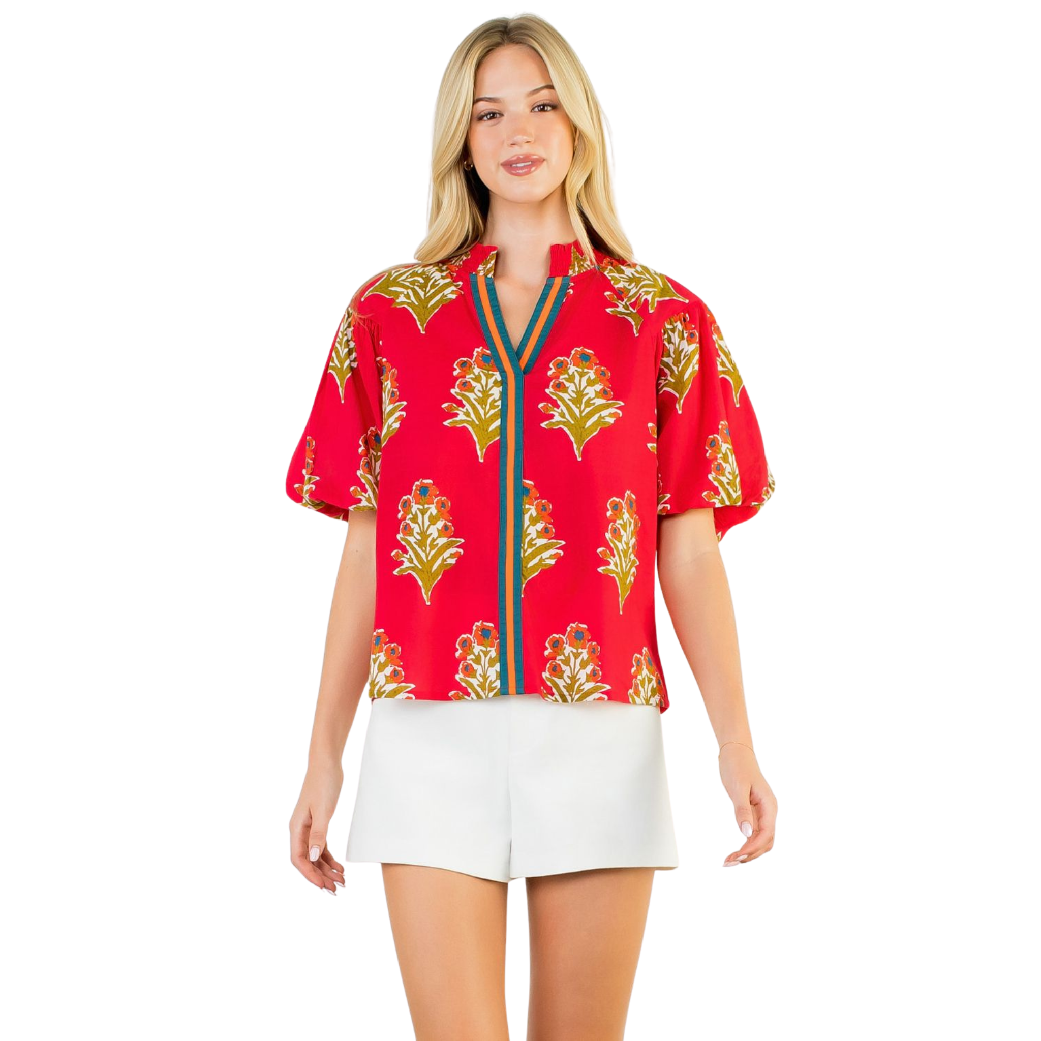 Puff Sleeve Floral Detail Top-Fairley Fancy