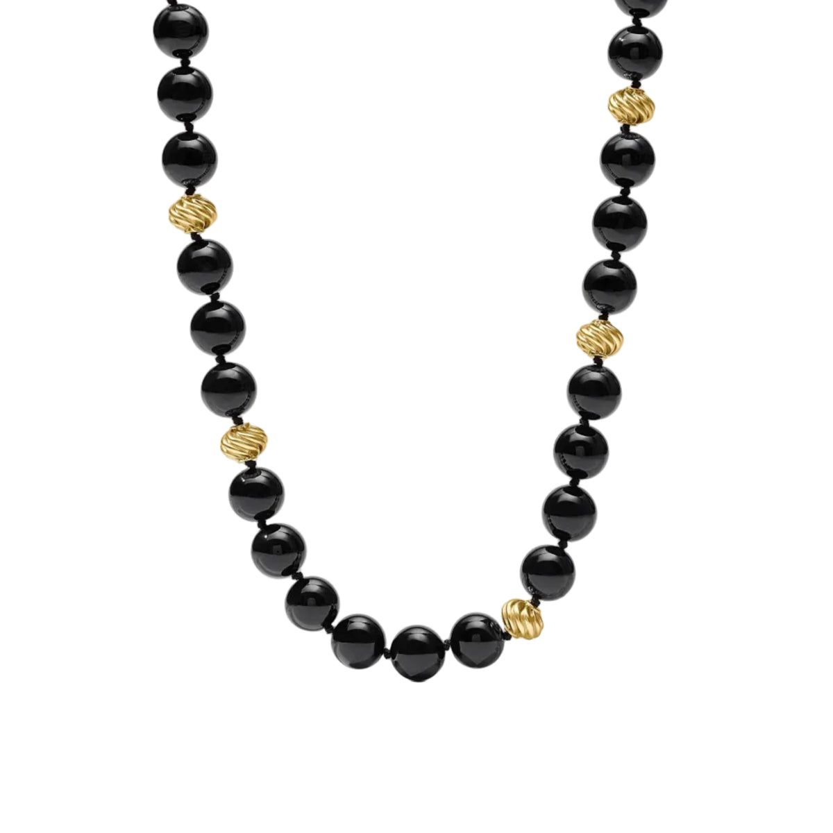 A beaded necklace featuring glossy black round beads and textured gold spacer beads, displayed on a clean white background.