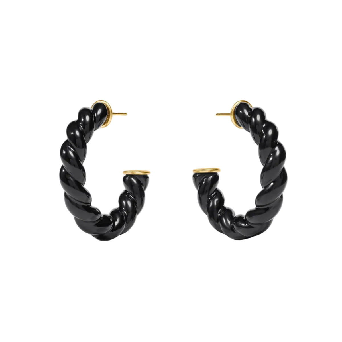 Black twisted hoop earrings on a white background
