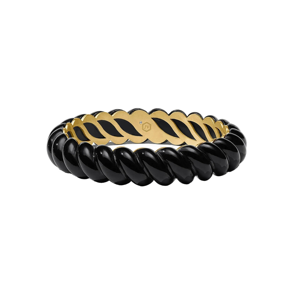 A twisted black and gold bangle bracelet on a clean white background.