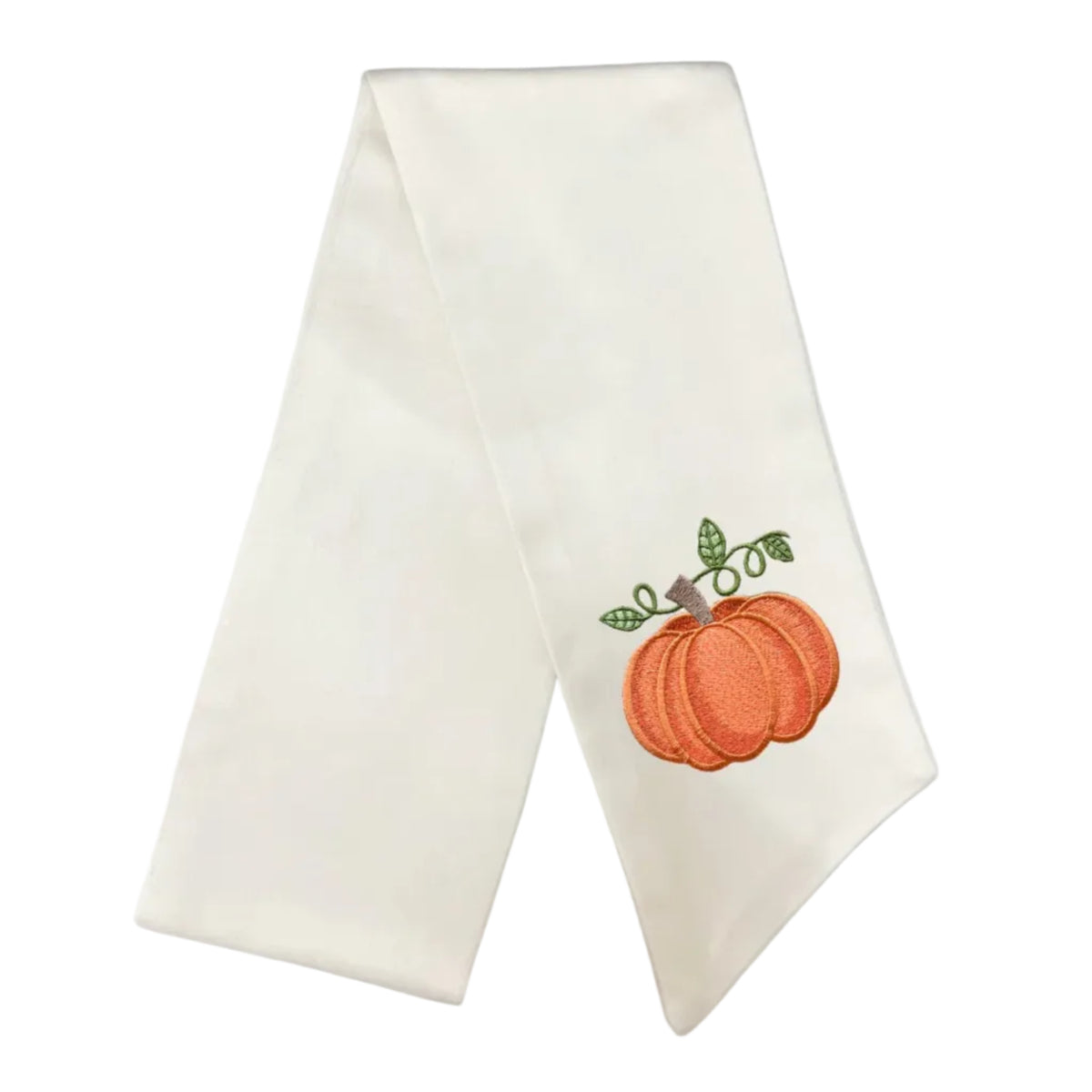 An off-white wreath sash featuring an embroidered orange pumpkin with green leaves on one corner, displayed on a clean white background.