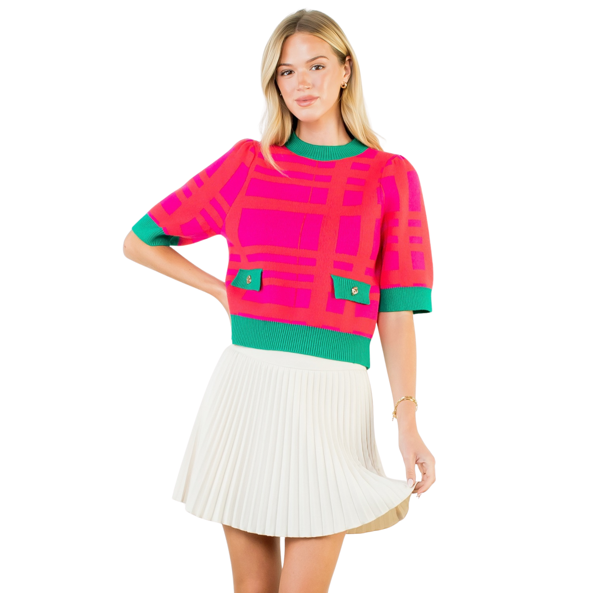 Short Sleeve Pattern Detail Top in Pink-Fairley Fancy