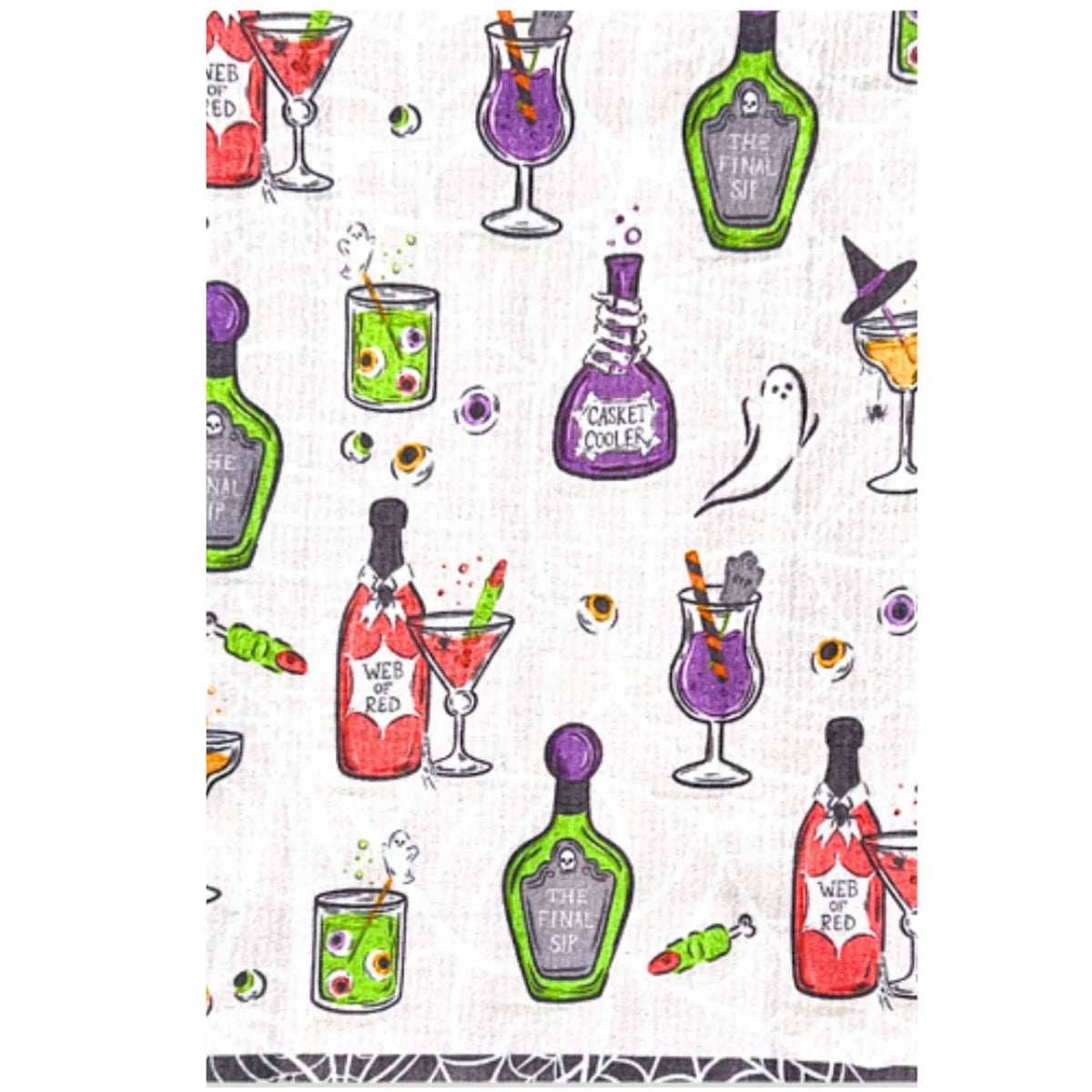 A white tea towel or cloth featuring a colorful Halloween-themed pattern with illustrated bottles, cocktails, candy, ghosts, and spiderwebs.