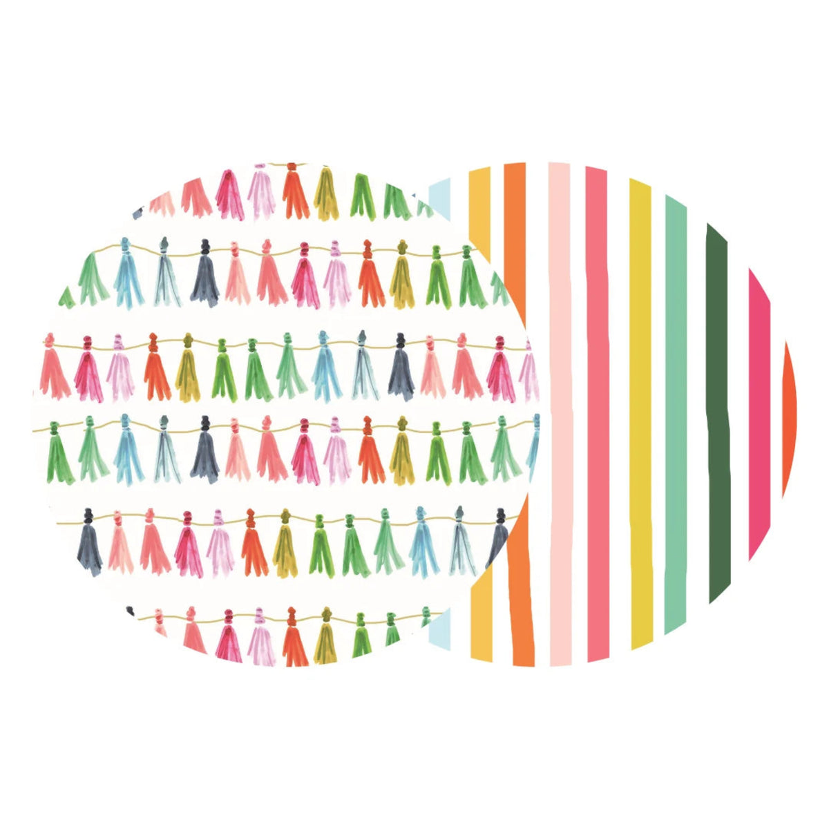 A colorful graphic design featuring rows of small hanging tassels in pink, green, blue, orange, and yellow on a white background, alongside vertical multicolor stripes.