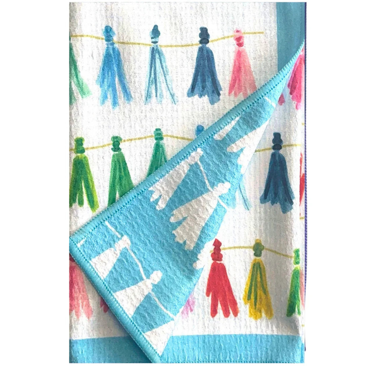 Colorful towel with tassel design on a white background