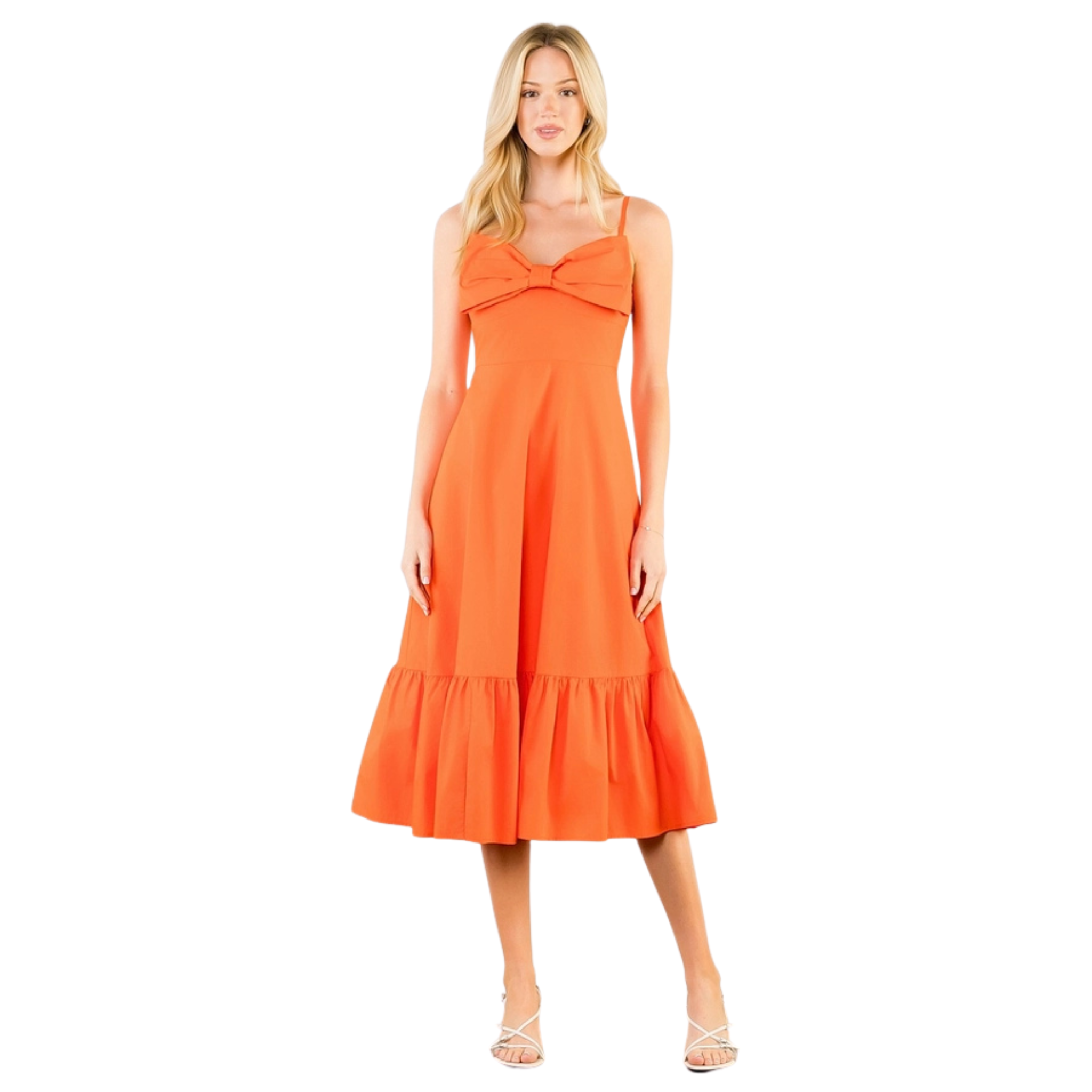 Thin Strap Bow Detail Midi Dress in Orange-Fairley Fancy