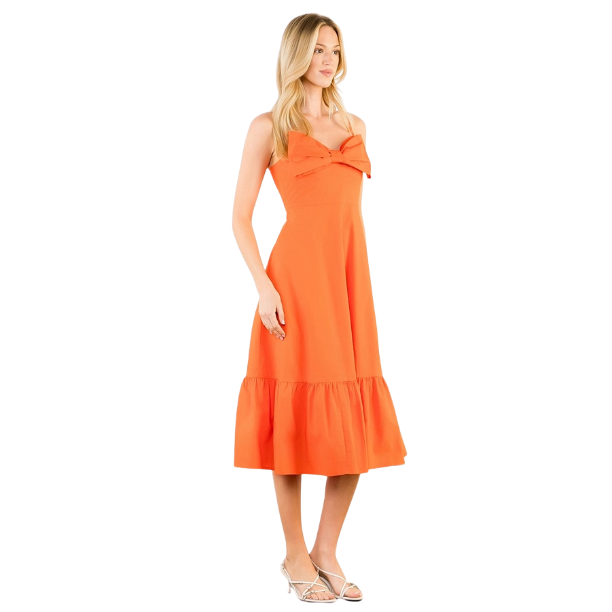 Thin Strap Bow Detail Midi Dress in Orange-Fairley Fancy