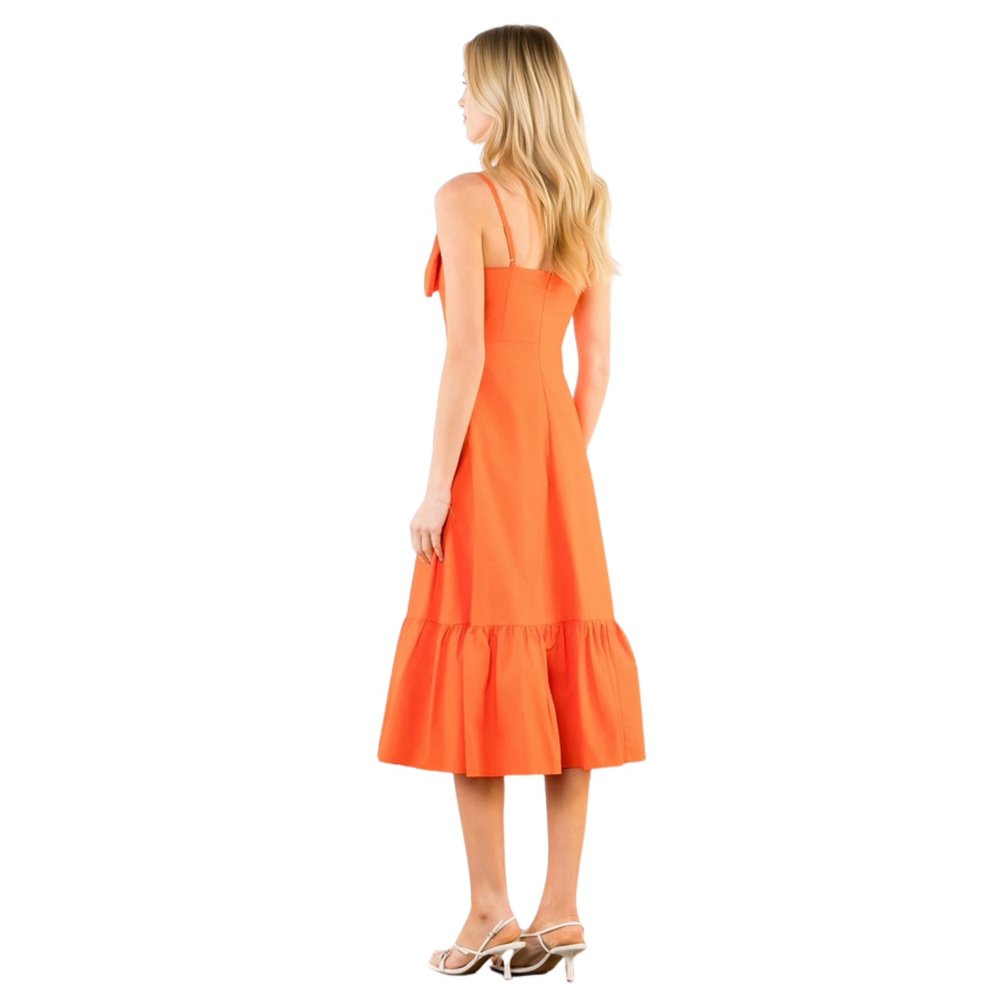 Thin Strap Bow Detail Midi Dress in Orange-Fairley Fancy