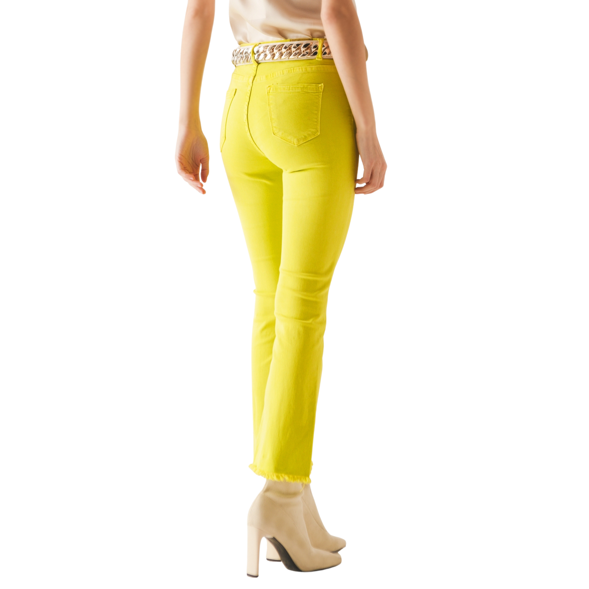 Flare Jeans with Raw Hem Edge in Yellow Back View with Model