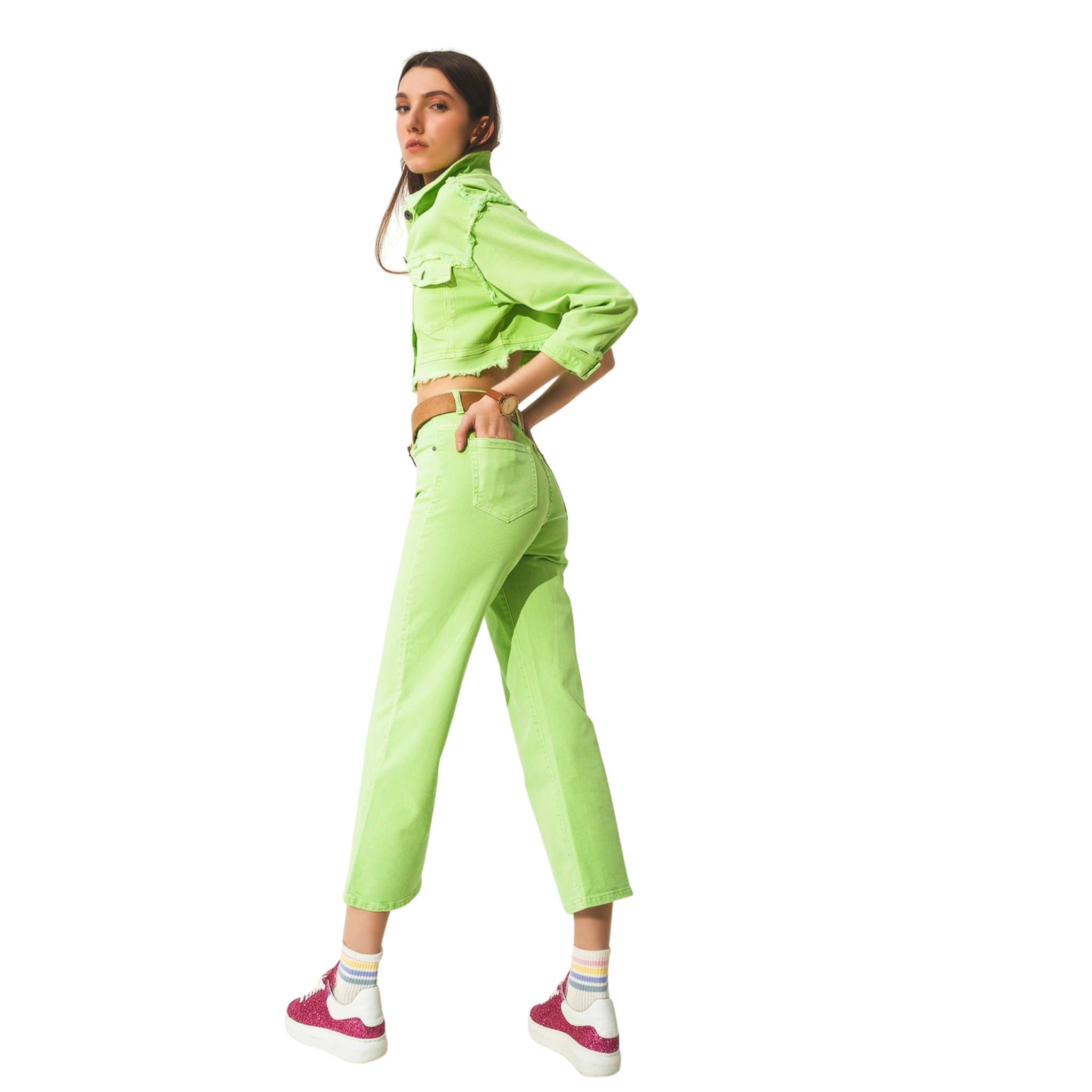 Cropped Wide Leg Jeans in Acid Green Side View with Model
