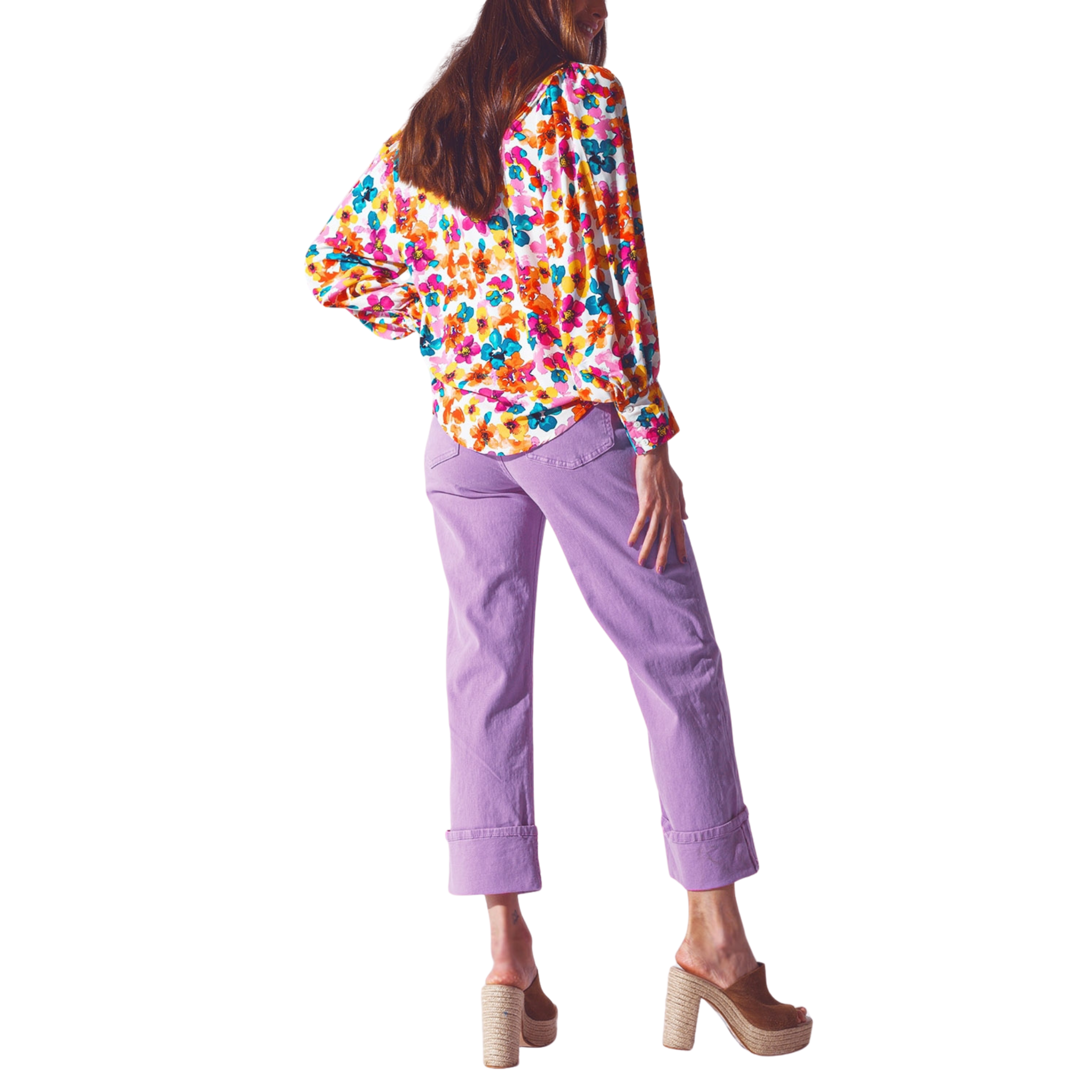 Straight Leg Jeans with Cropped Hem in Purple Back View with Model