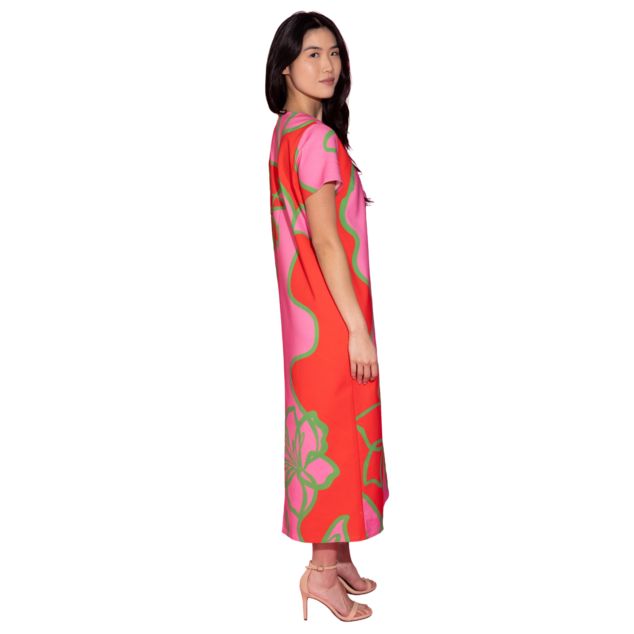 Elliot Dress in Fuchsia Outline Side View with Model