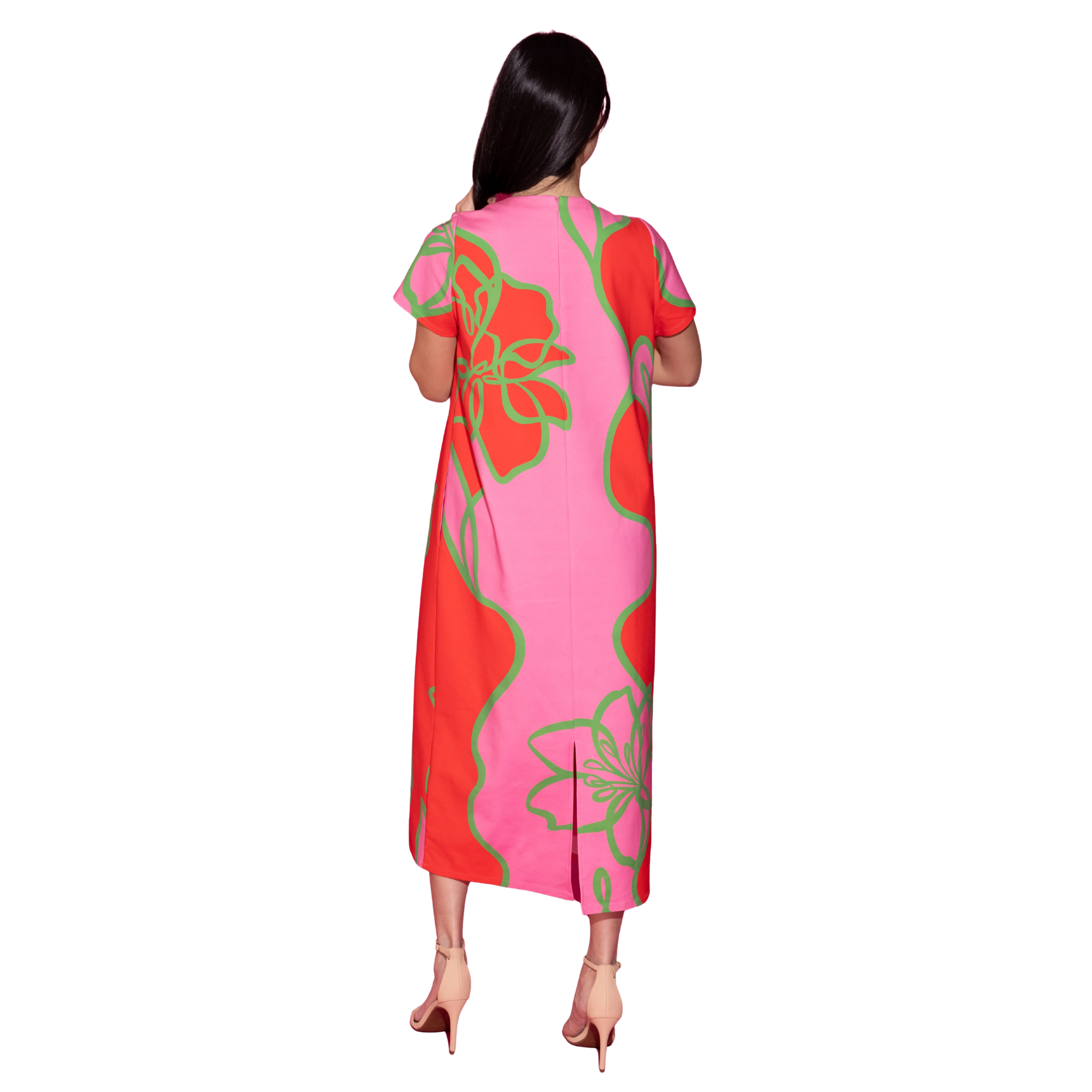 Elliot Dress in Fuchsia Outline Back View with Model